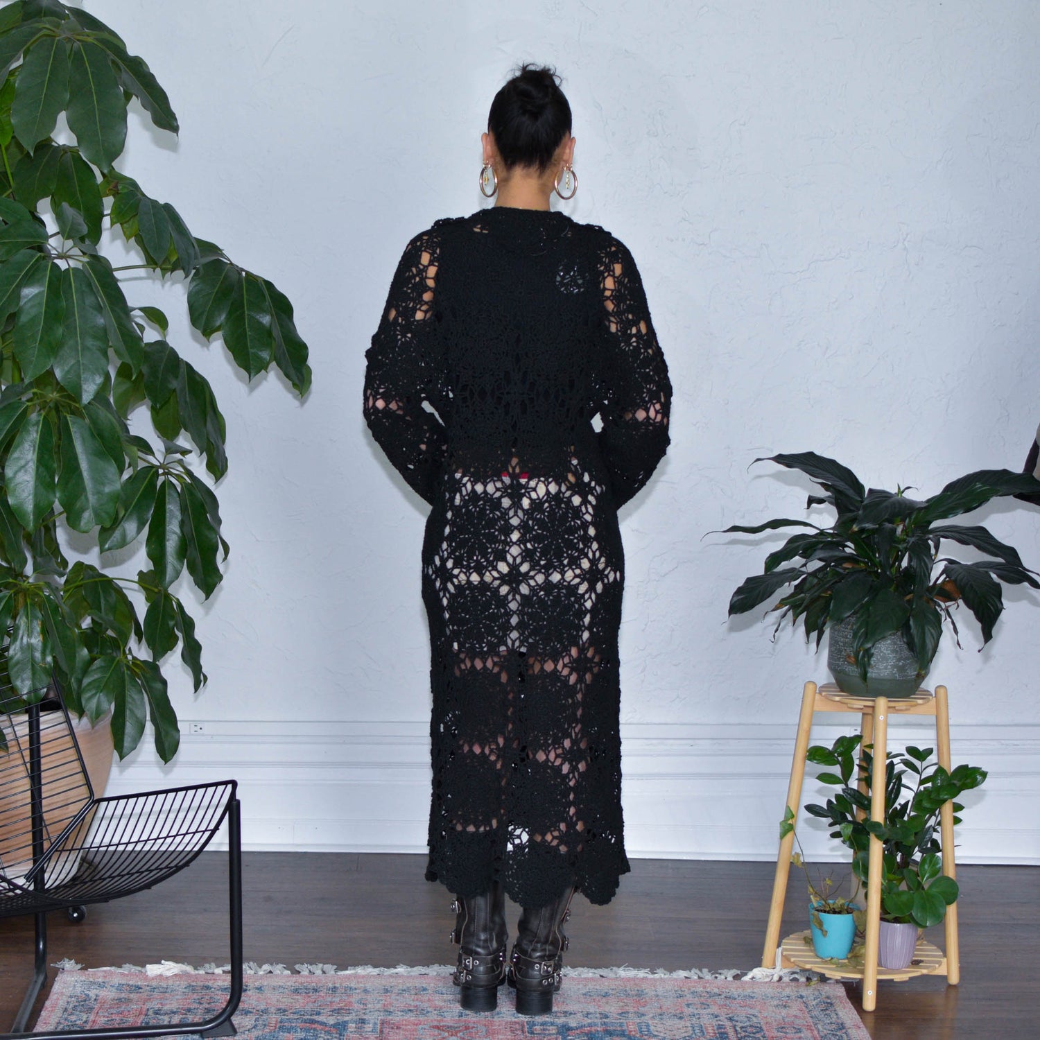 Vintage Black Femme Long Crochet Cardigan