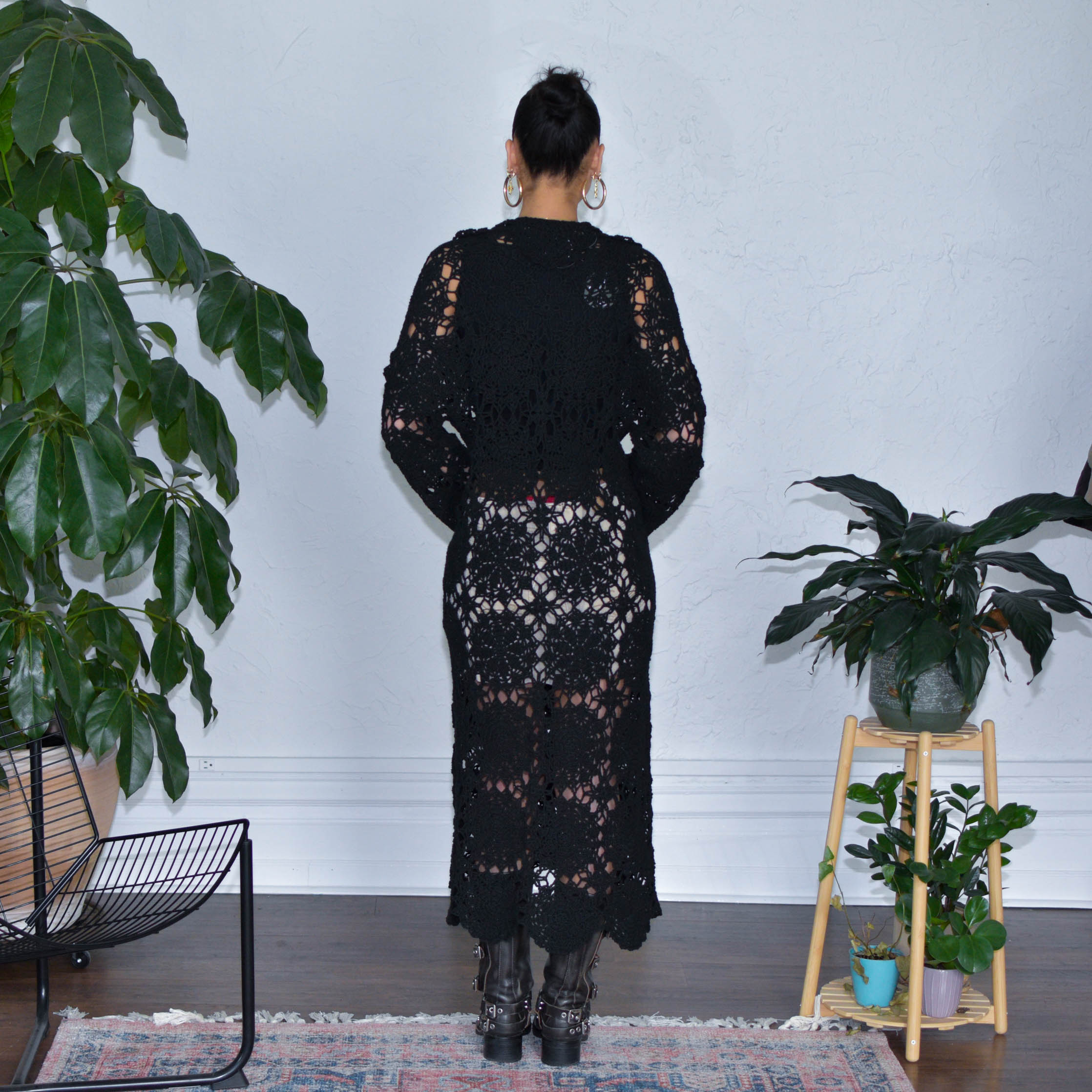 Vintage Black Femme Long Crochet Cardigan