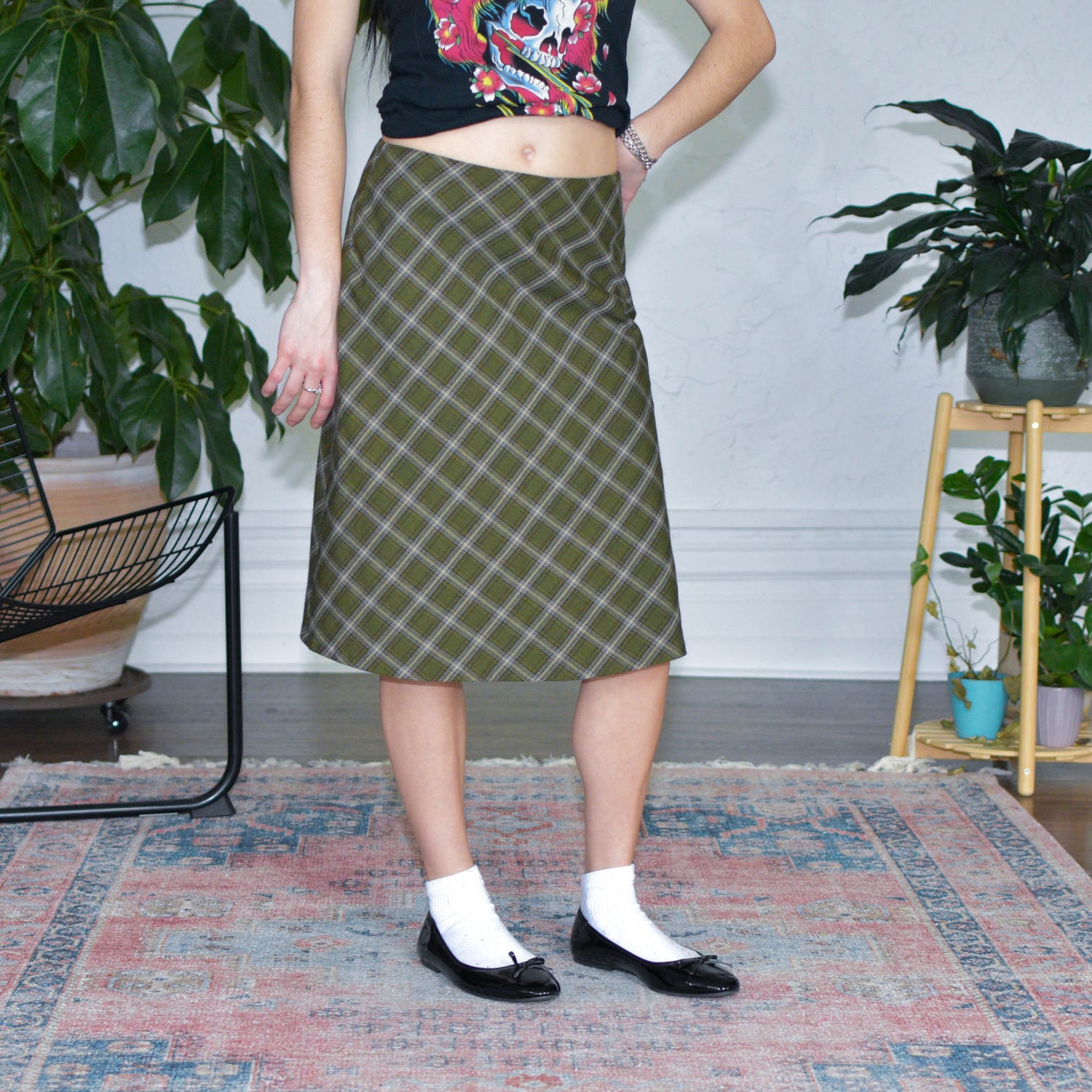 Vintage Green Plaid Midi Skirt