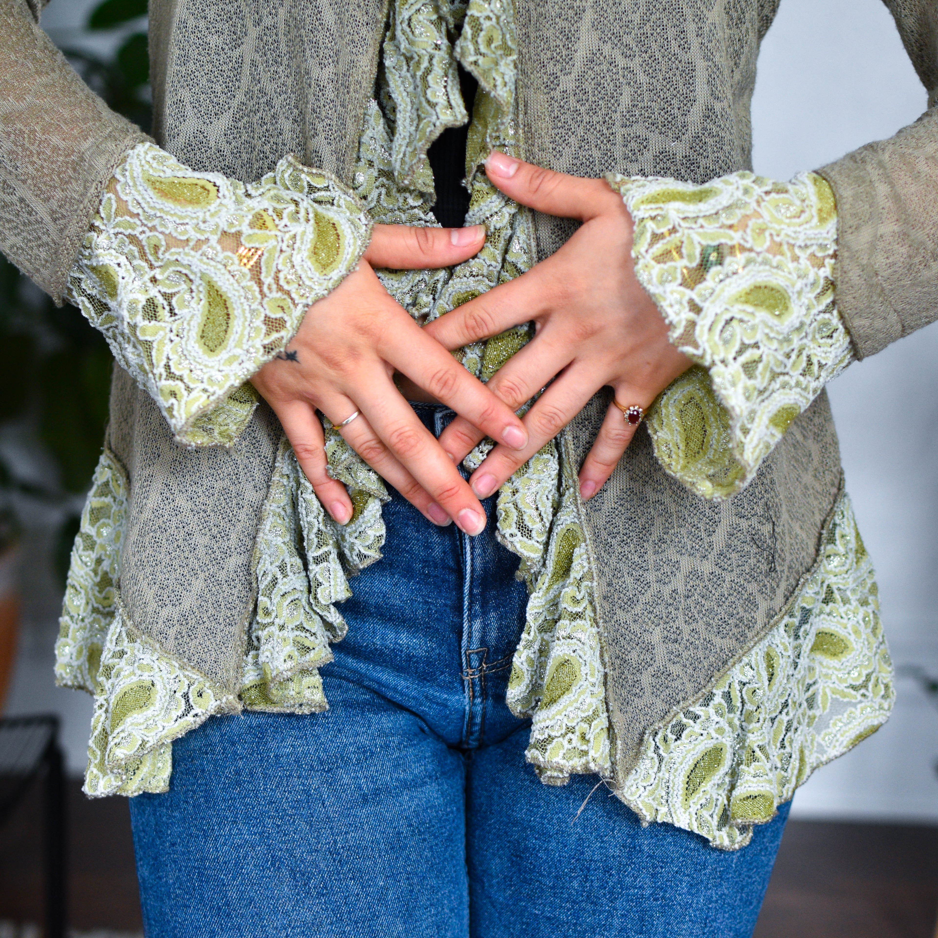Vintage Y2K Vandana Green Flared Lace Blouse