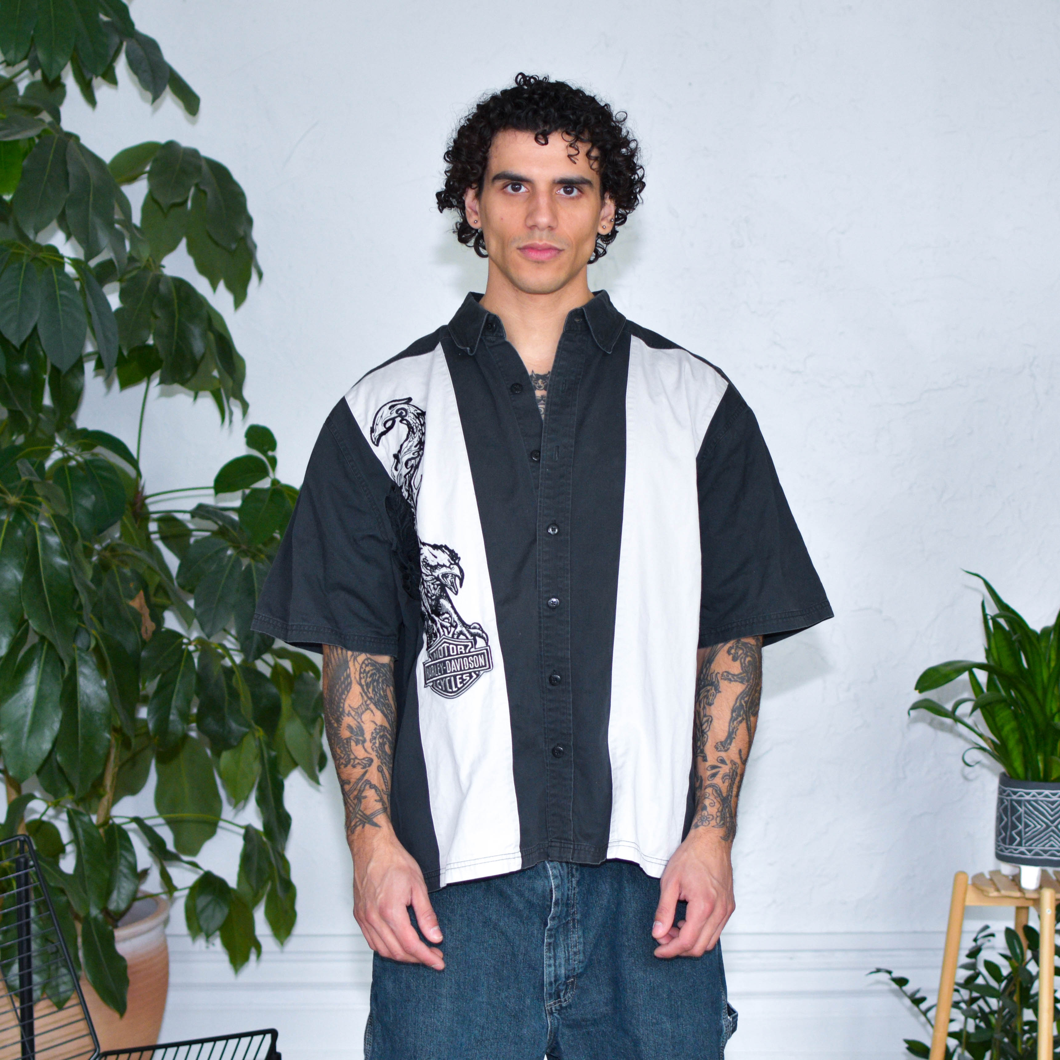 Vintage Harley Davidson Embroidered Eagle Bowling Shirt
