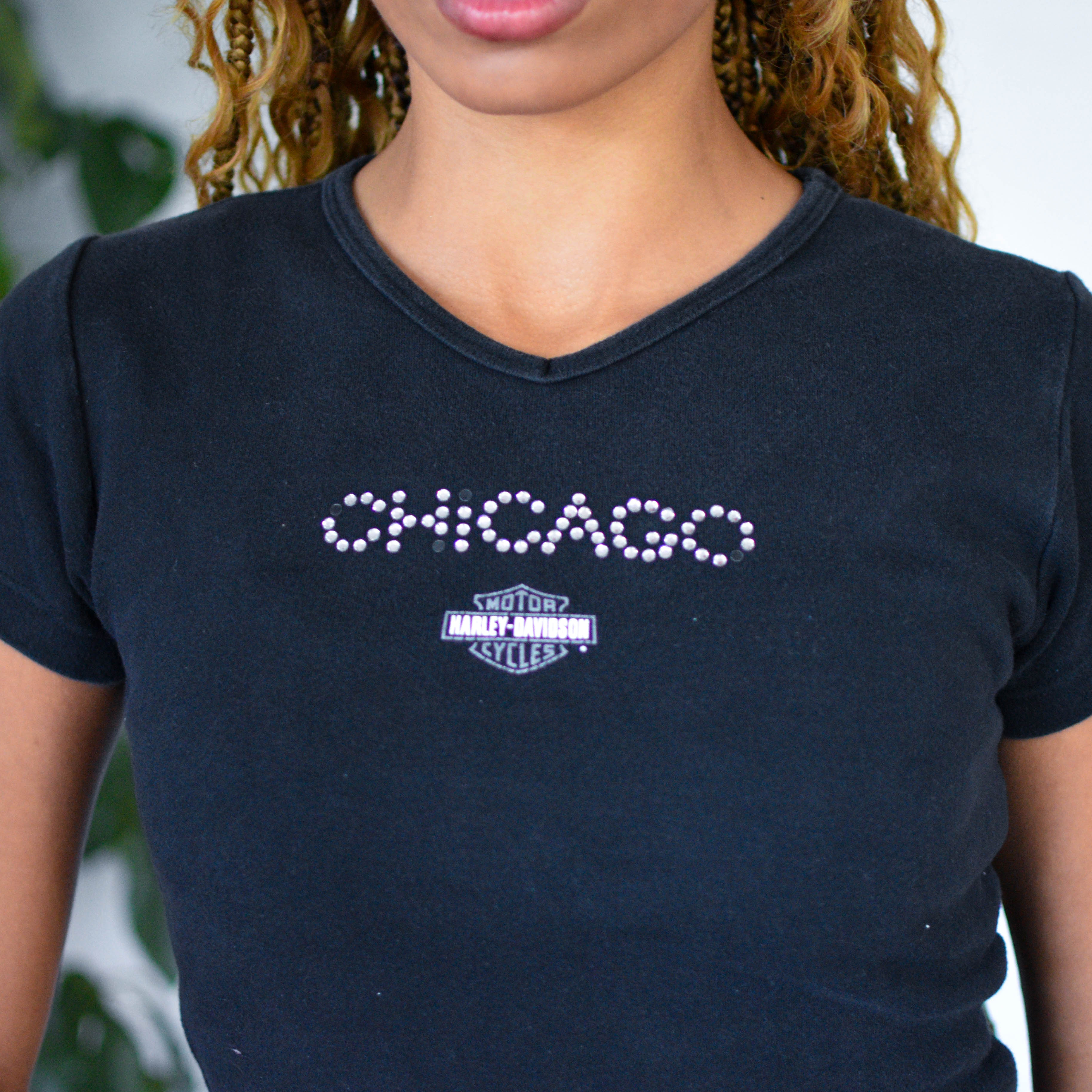 Y2K Femme Harley Davidson Chicago Bedazzled Graphic Crop Top