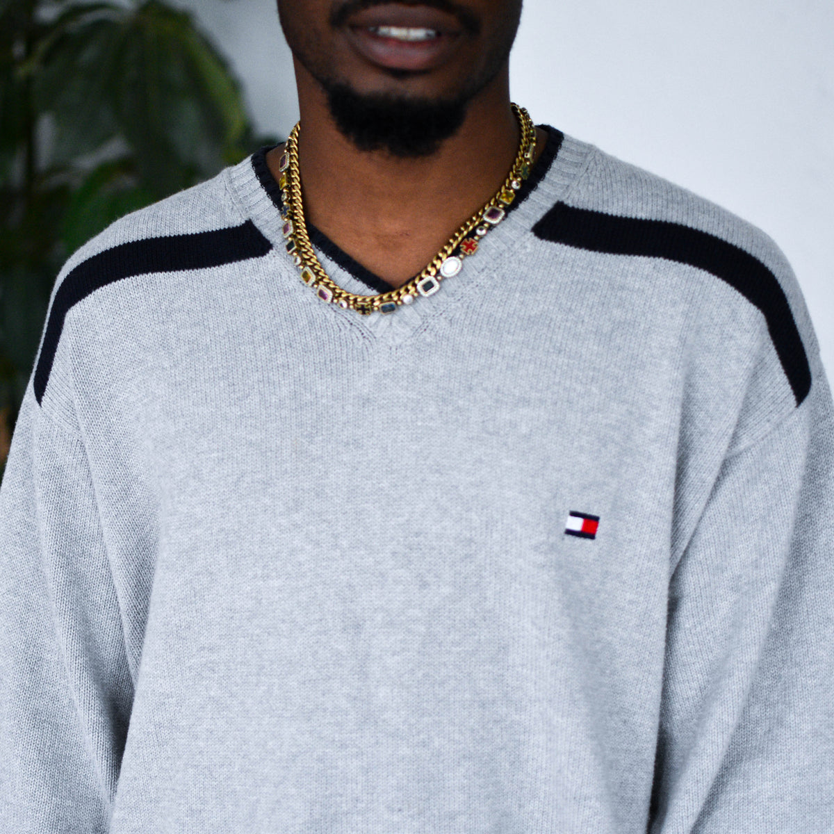 Vintage 90s Gray Tommy Hilfiger Ribbed V-neck Knit Sweater