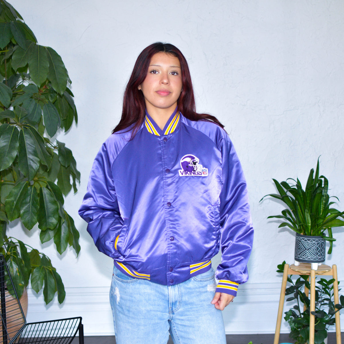 Vintage Minnesota Vikings Chalk Line Satin Bomber Jacket