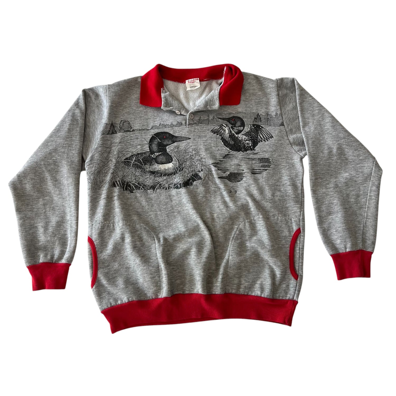 Vintage Loon Graphic Red Trim Collared Crewneck