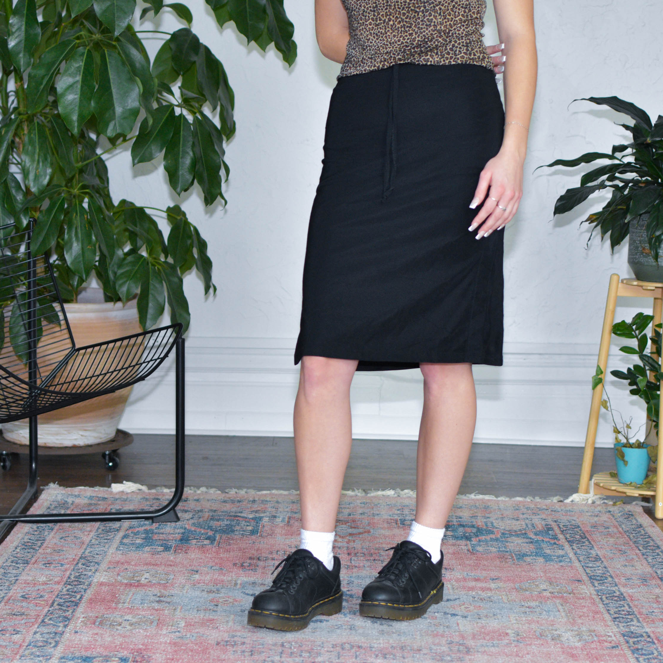 Vintage Tie Waist Black Midi Skirt