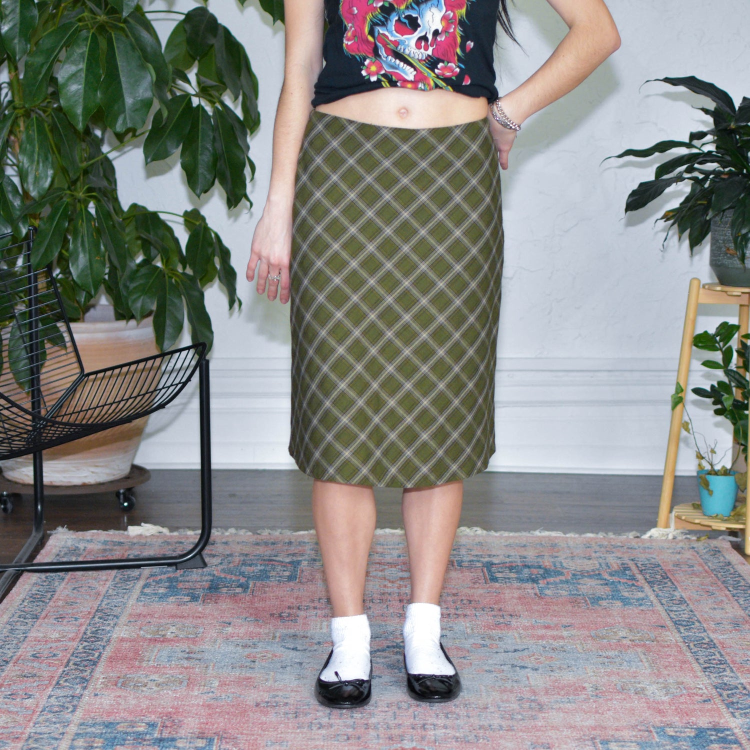 Vintage Green Plaid Midi Skirt