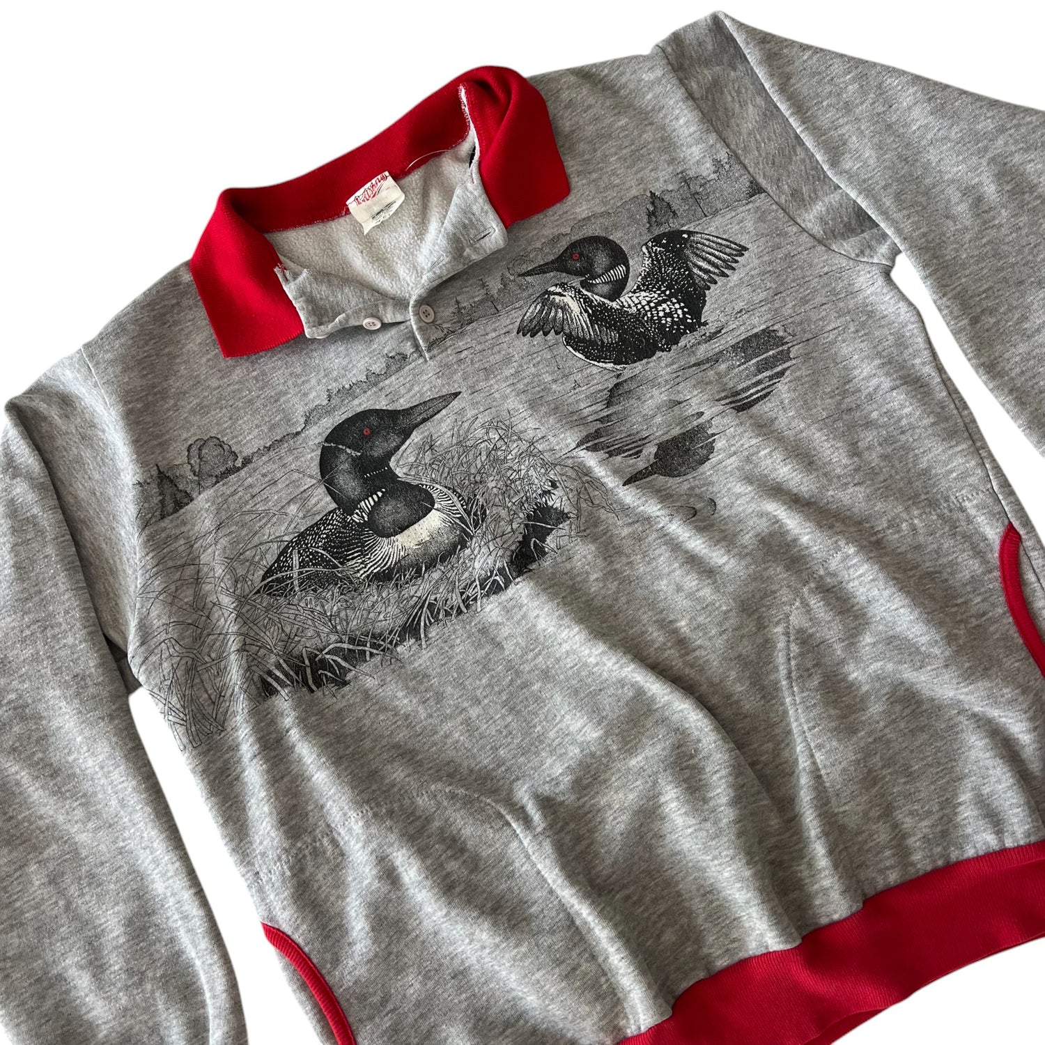 Vintage Loon Graphic Red Trim Collared Crewneck