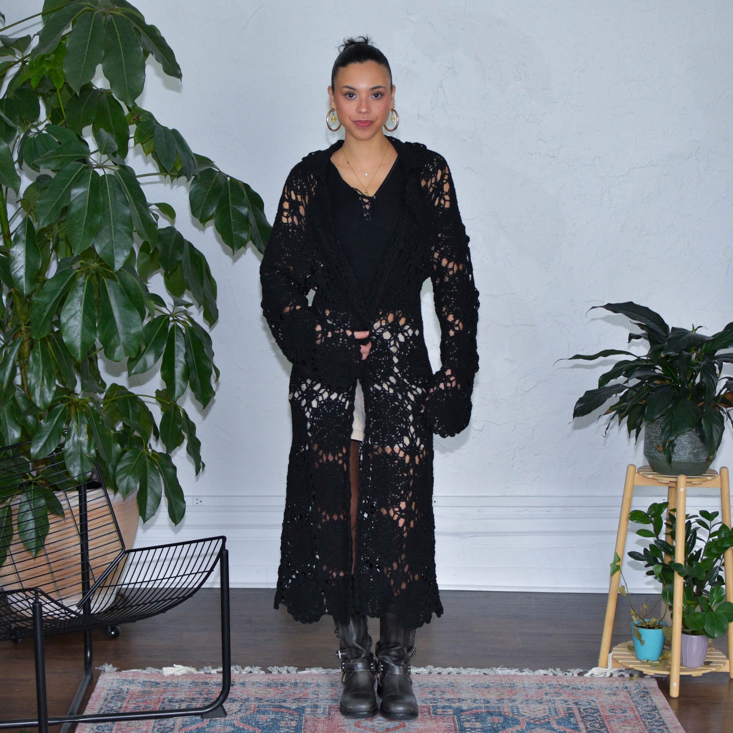 Vintage Black Femme Long Crochet Cardigan