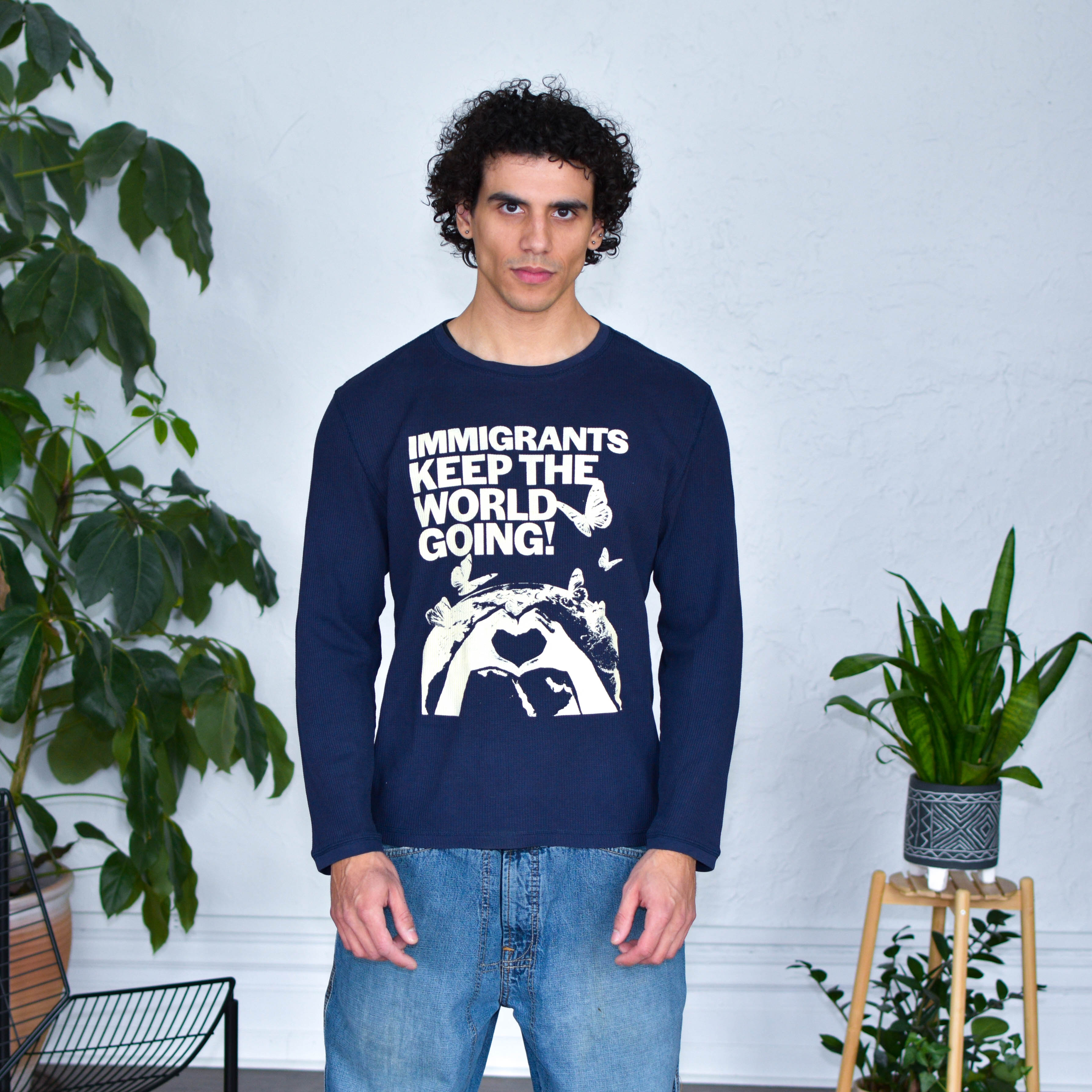 Navy Thermal Shirt - "Immigrants Keep the World Going" Solidarity Merch