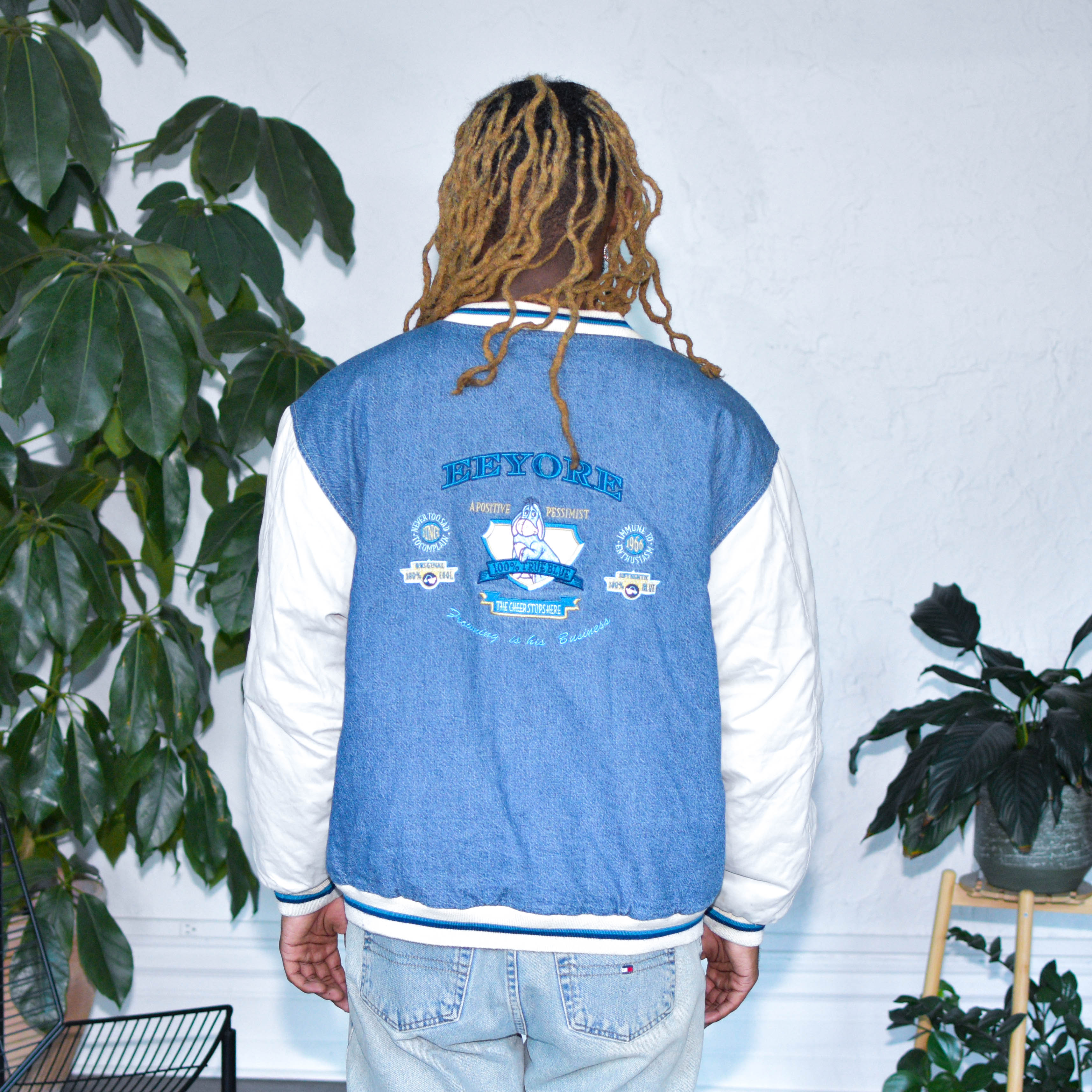 Vintage 90s Disney Eeyore Quilted Varsity Denim Jacket