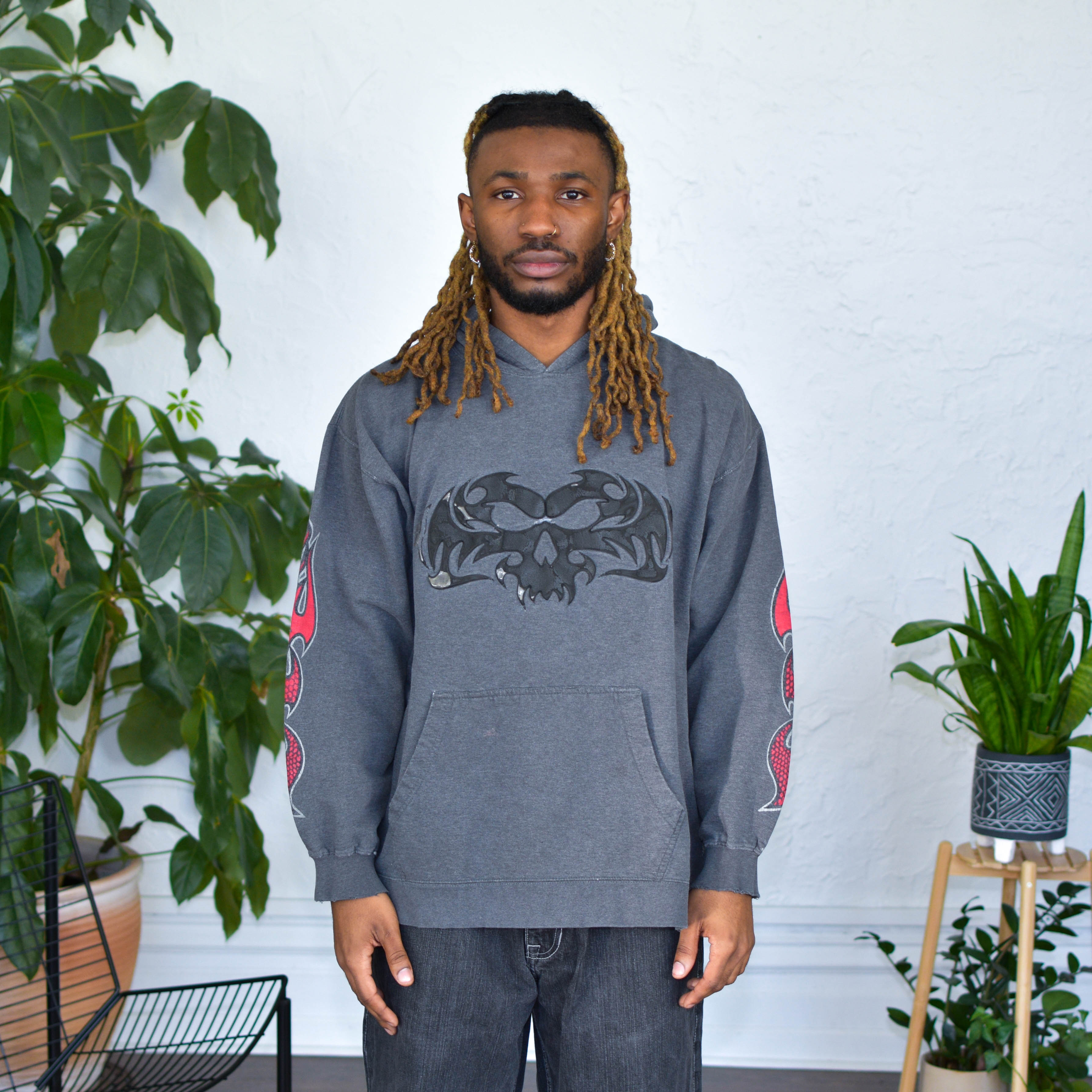Vintage Gray Skull and Flames Hoodie
