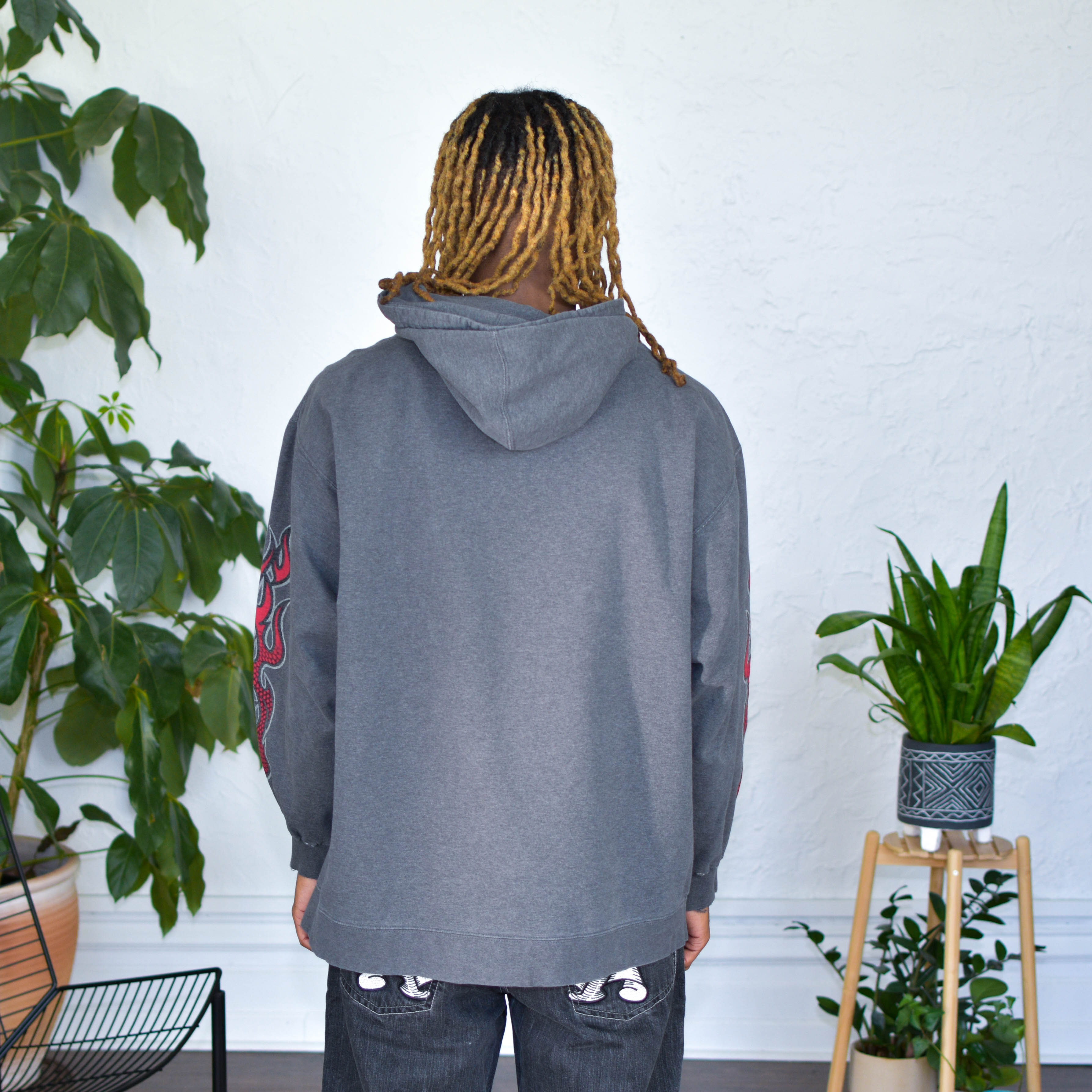 Vintage Gray Skull and Flames Hoodie