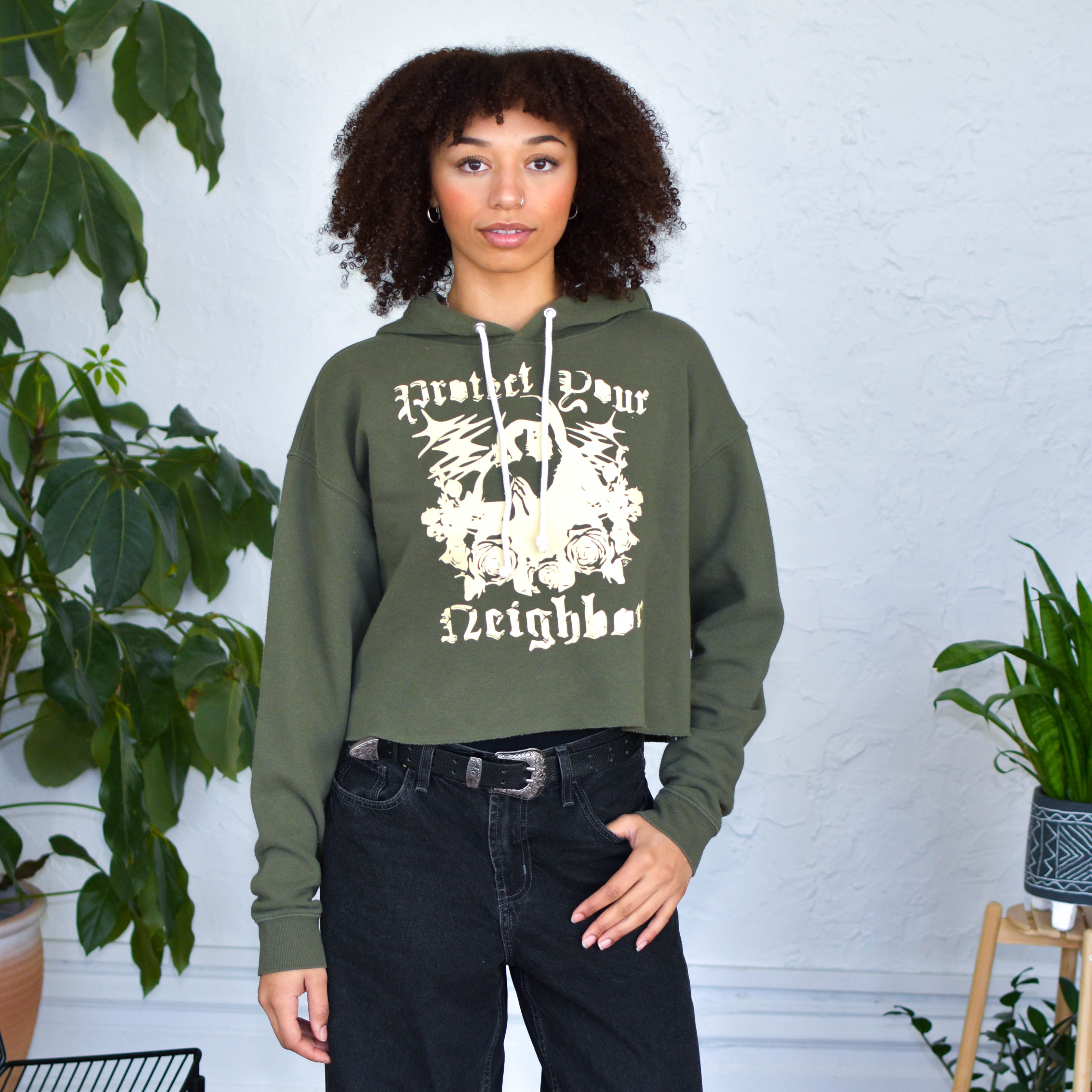 Olive Cropped Sweatshirt - "Protect Your Neighbor" Solidarity Merch