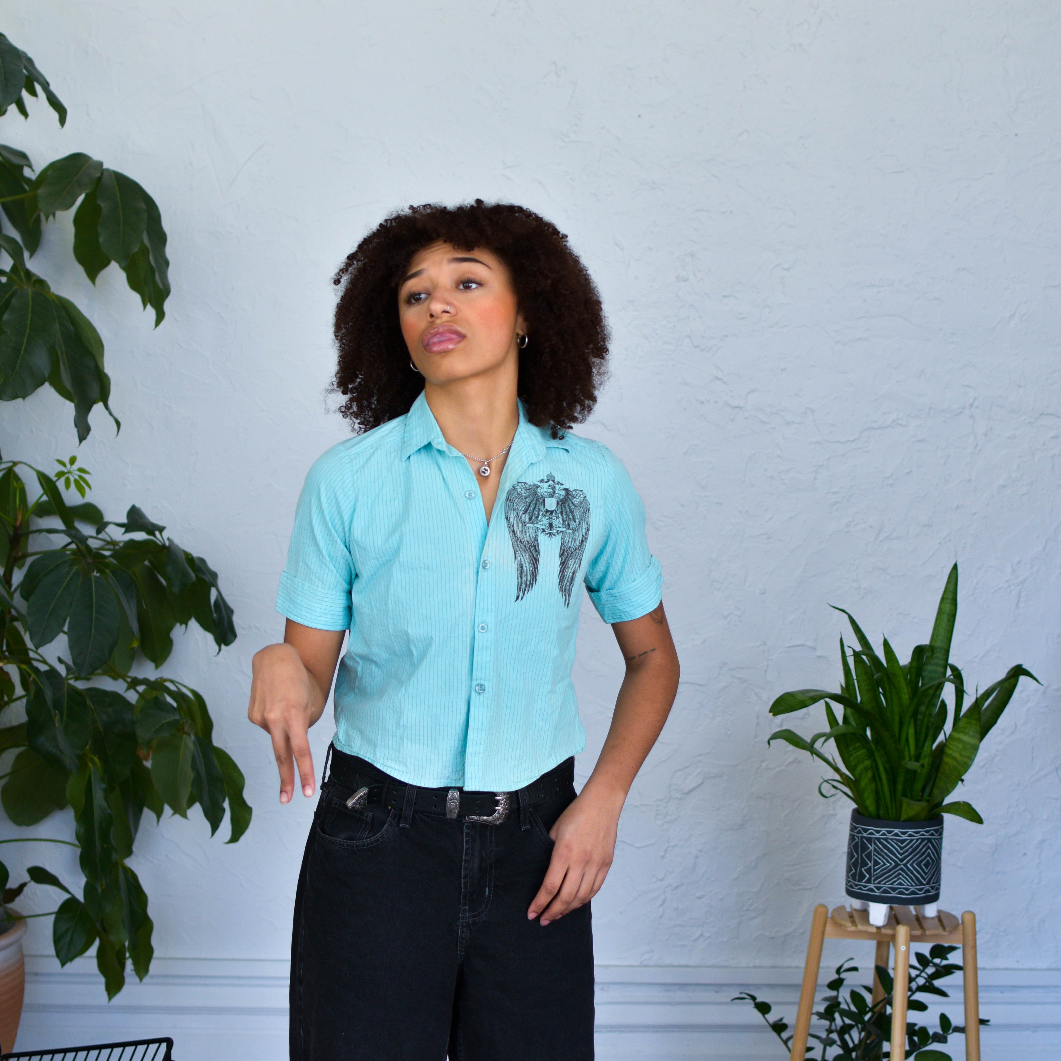 Y2K Winged Jaguars Pinstriped Button-up