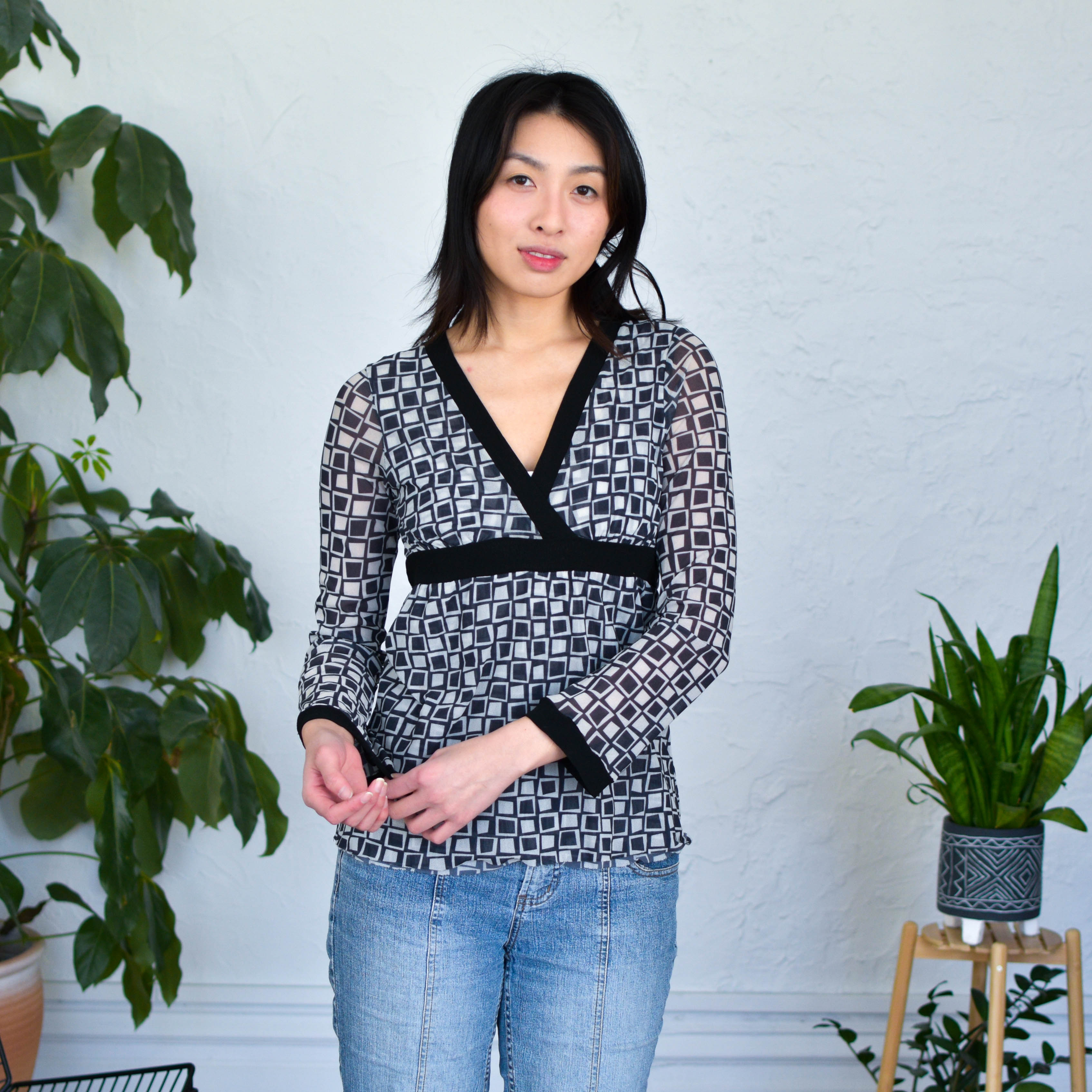 Y2K Sweet Peas Geometric-Print Tunic Blouse