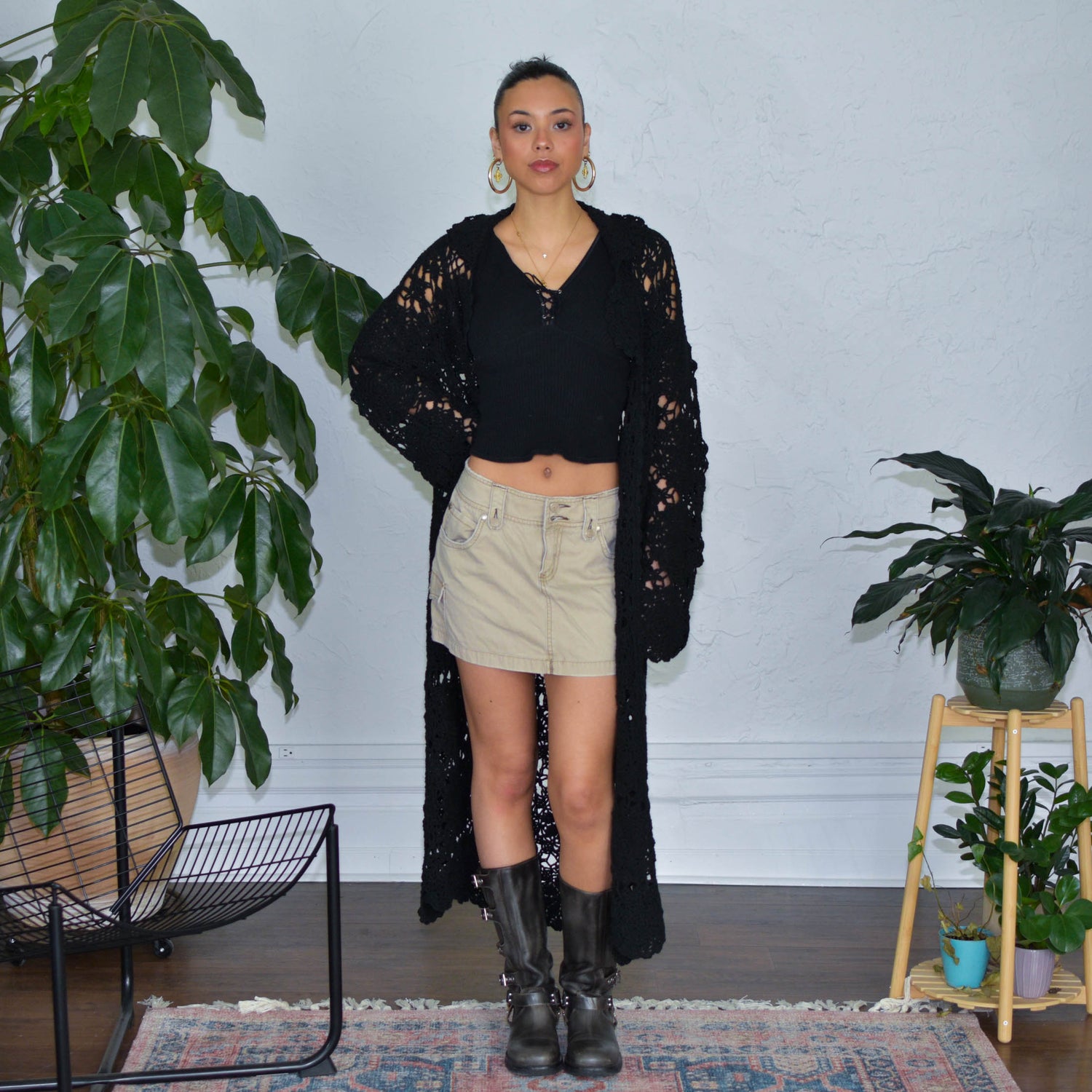 Vintage Black Femme Long Crochet Cardigan