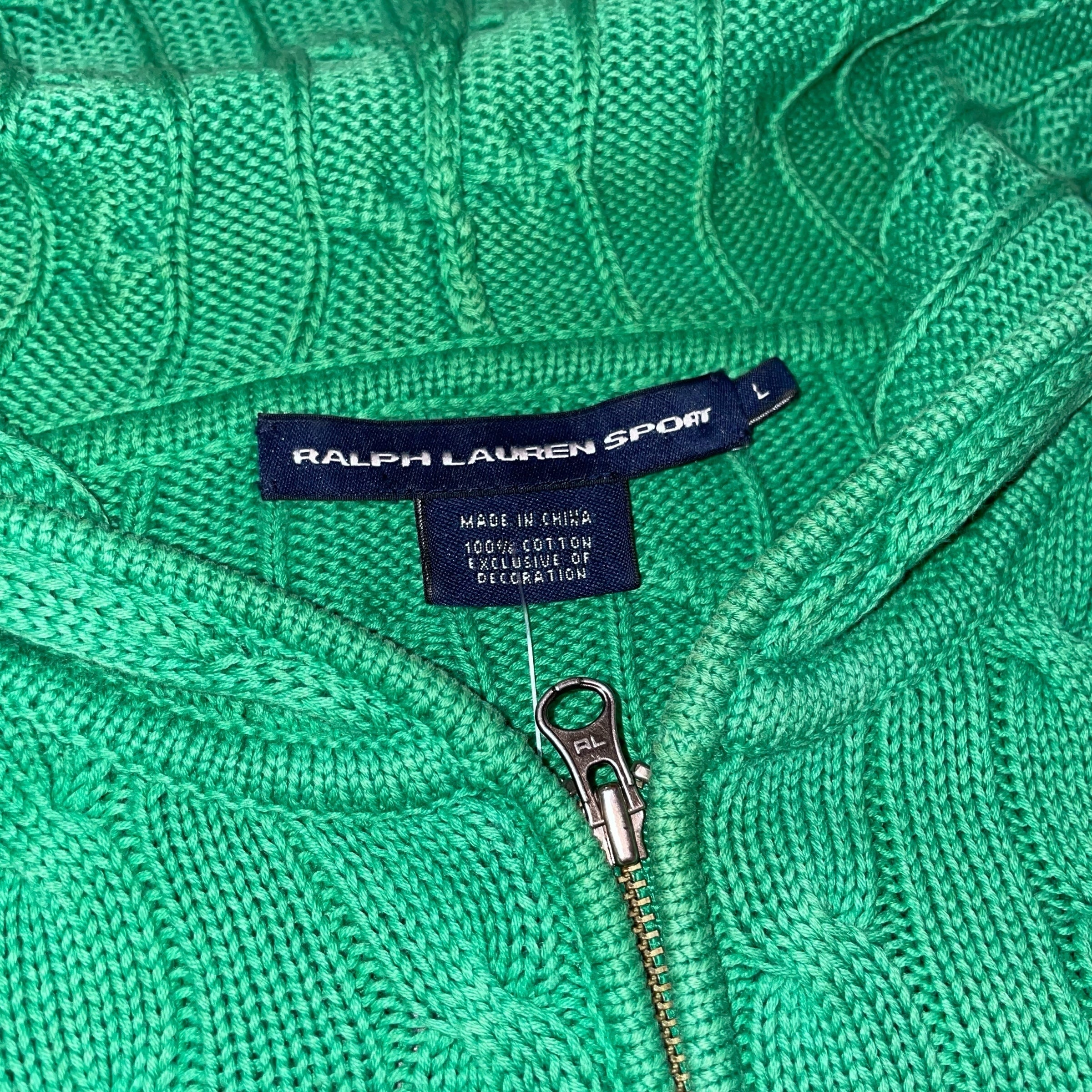 Vintage Green Ralph Lauren Sport Cable Knit Zip-Up Hoodie