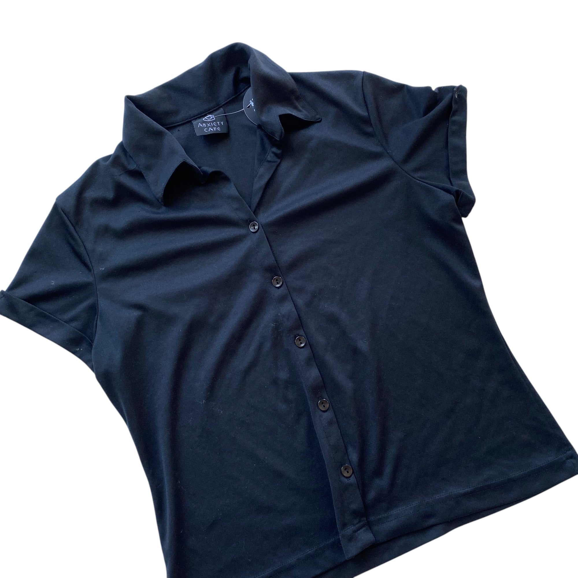 Vintage Black Collard Button Up Short Sleeve Top