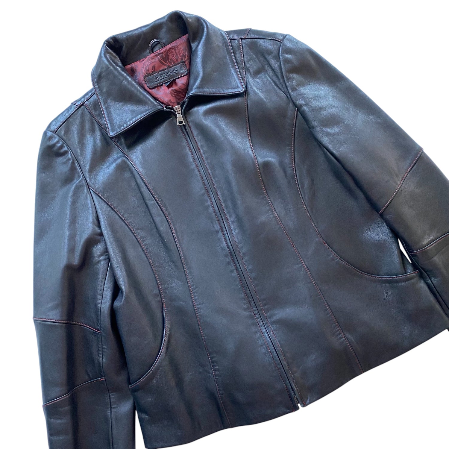 Y2k Guess Red Stitching Leather Femme Jacket