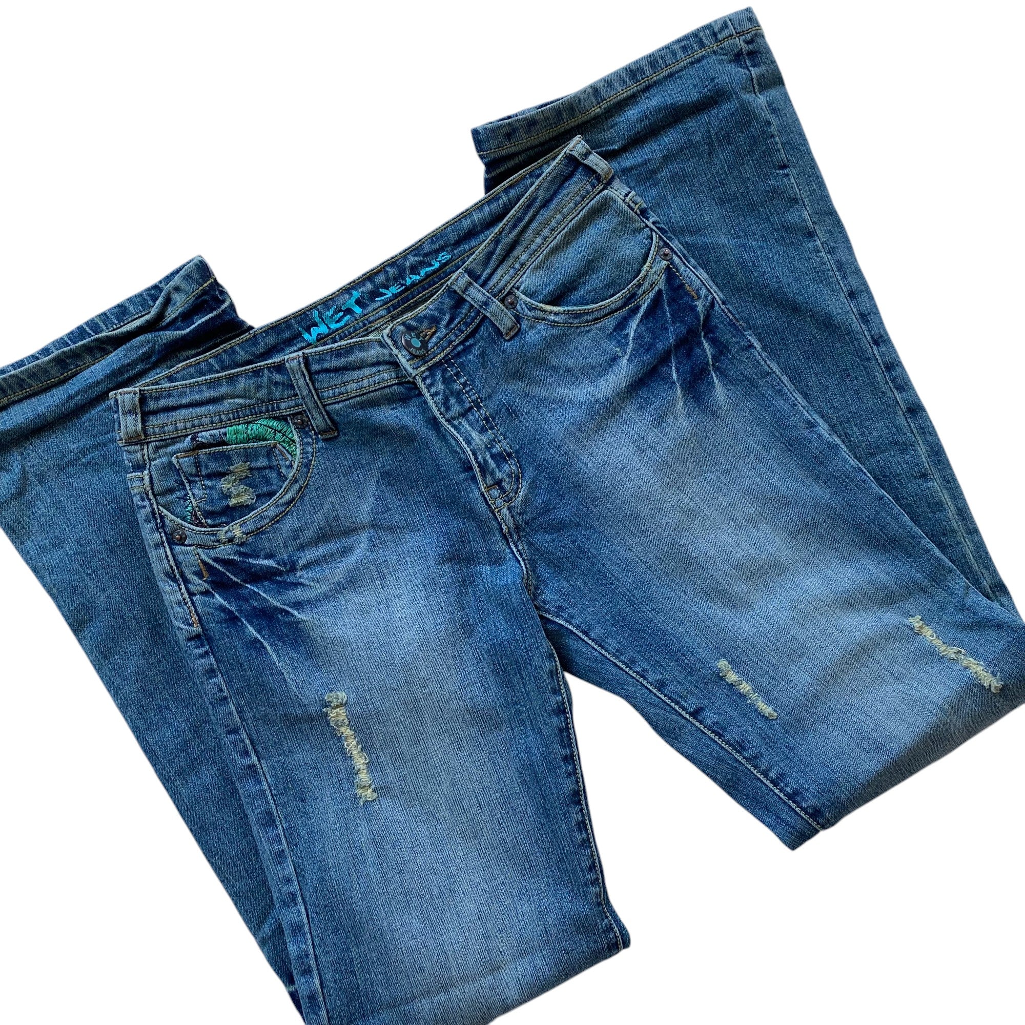 Y2k Wet Jeans Embroidered Pocket Flare Jeans