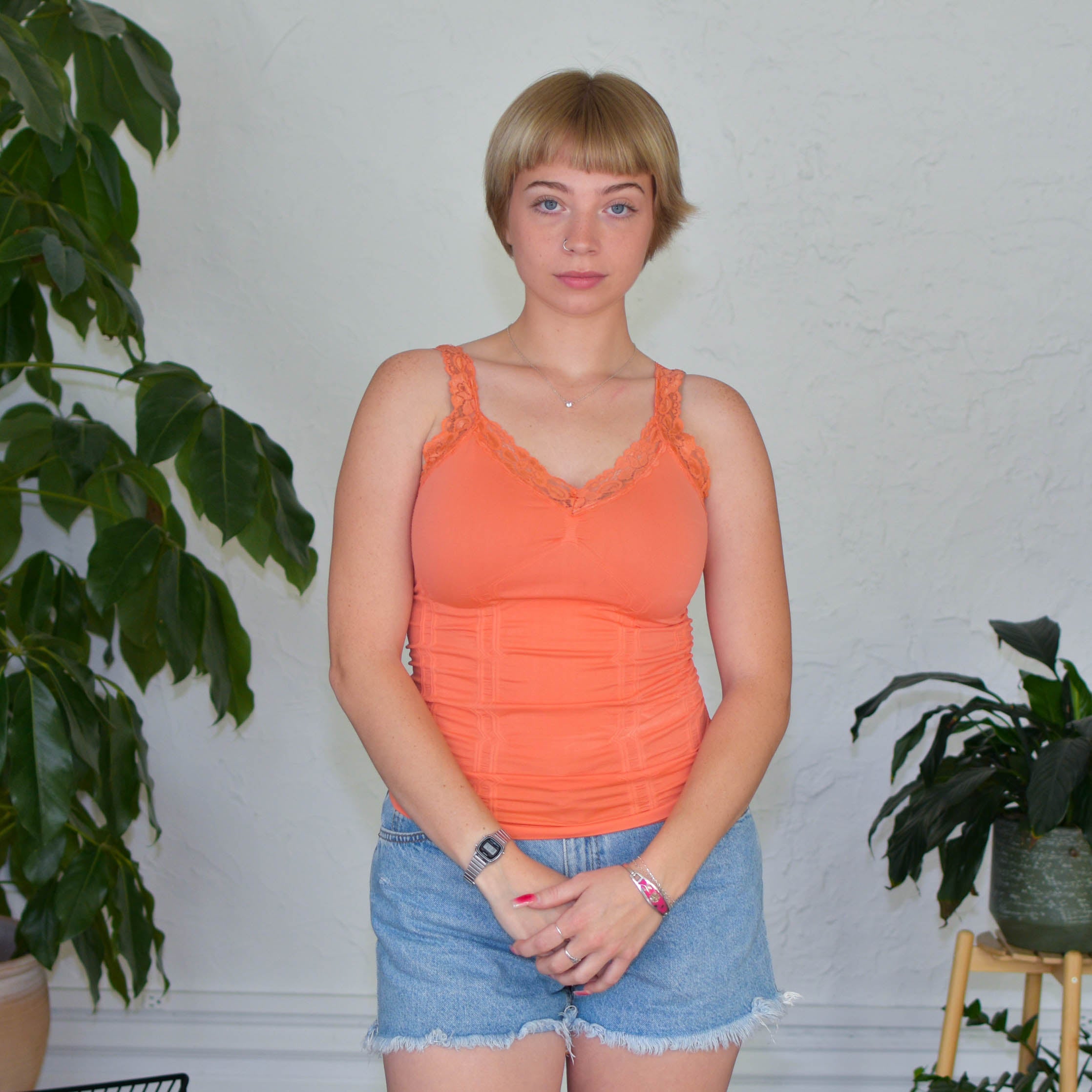 Vintage Y2K Ribbed and Lacy Orange Cami