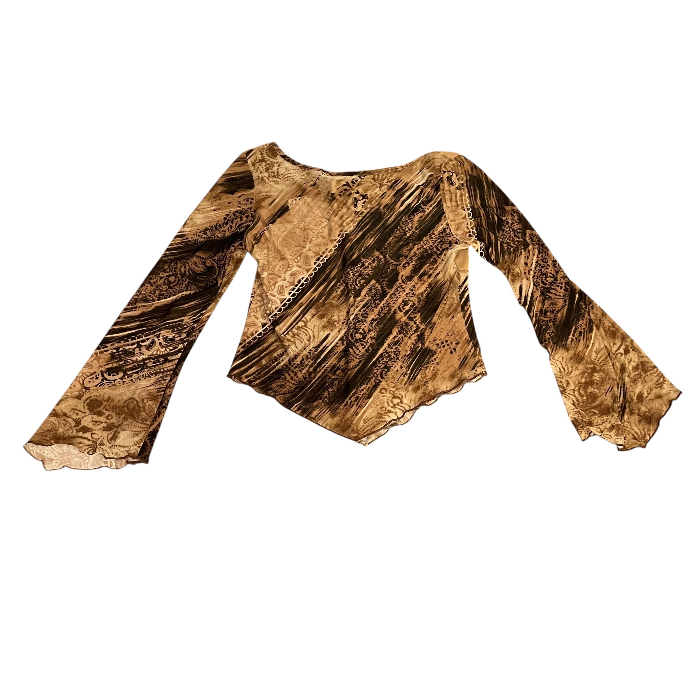 Vintage Y2K Brown Flared Long-Sleeve Blouse
