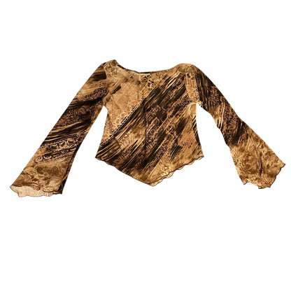 Vintage Y2K Brown Flared Long-Sleeve Blouse