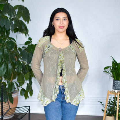 Vintage Y2K Vandana Green Flared Lace Blouse