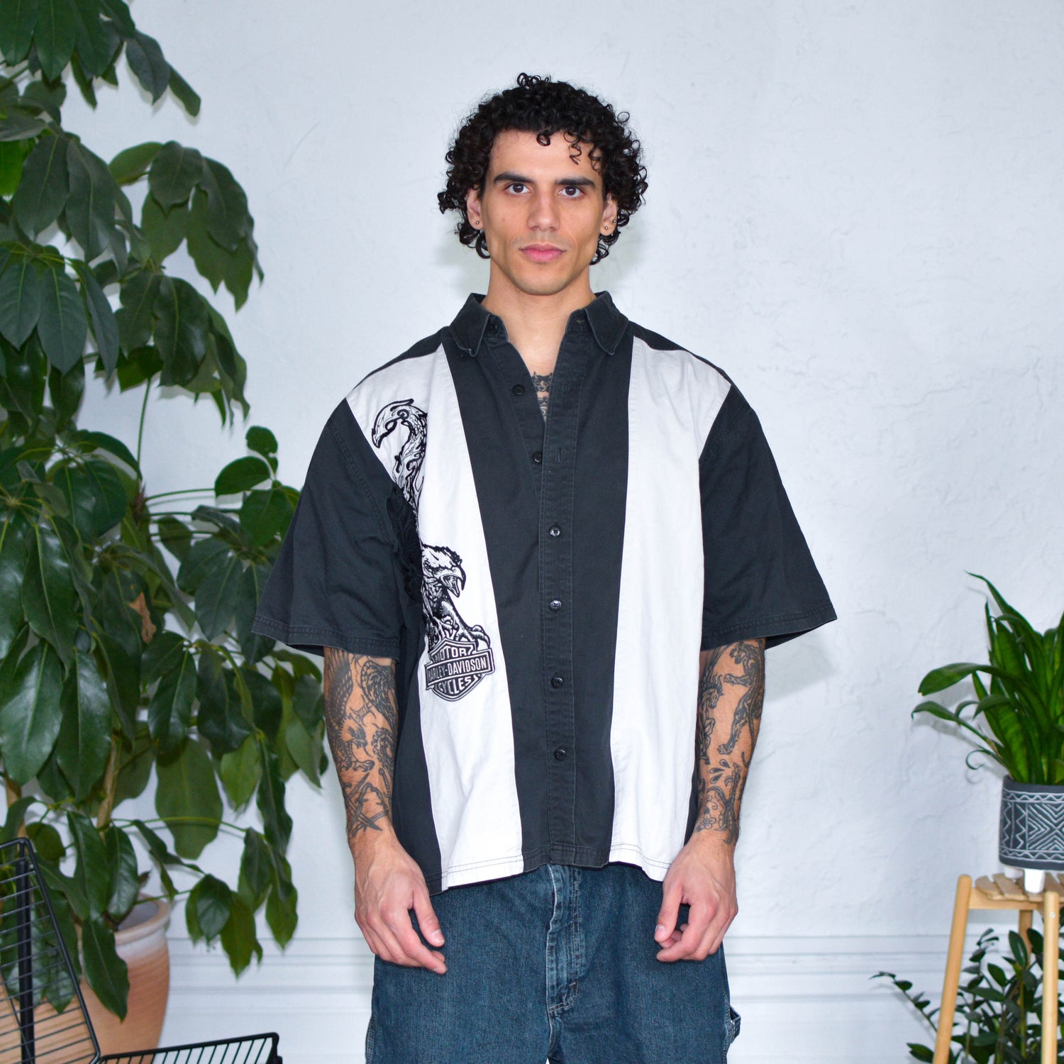 Vintage Harley Davidson Embroidered Eagle Bowling Shirt