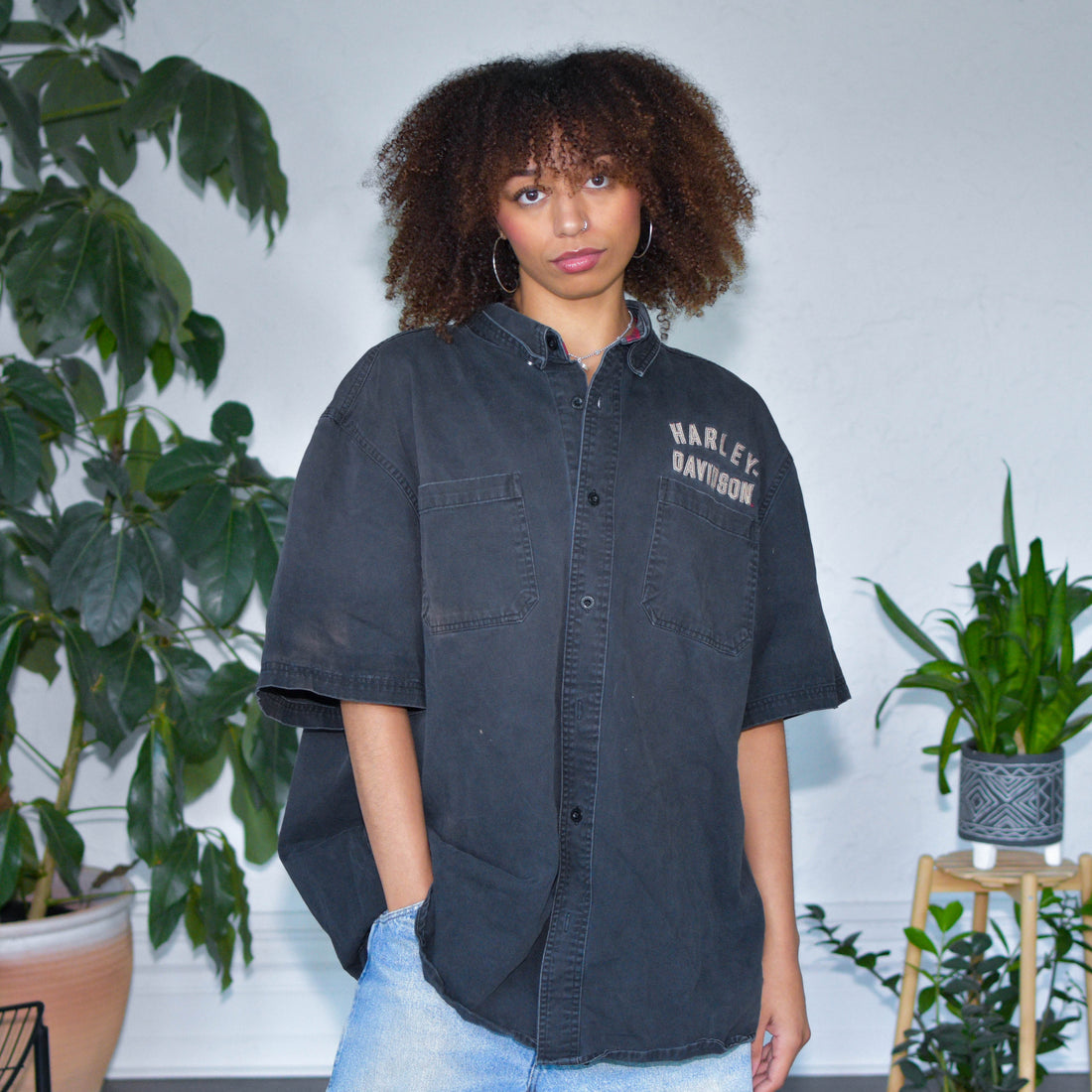 Vintage Harley Davidson Black Embroidered Button-Up