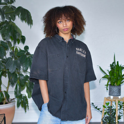 Vintage Harley Davidson Black Embroidered Button-Up