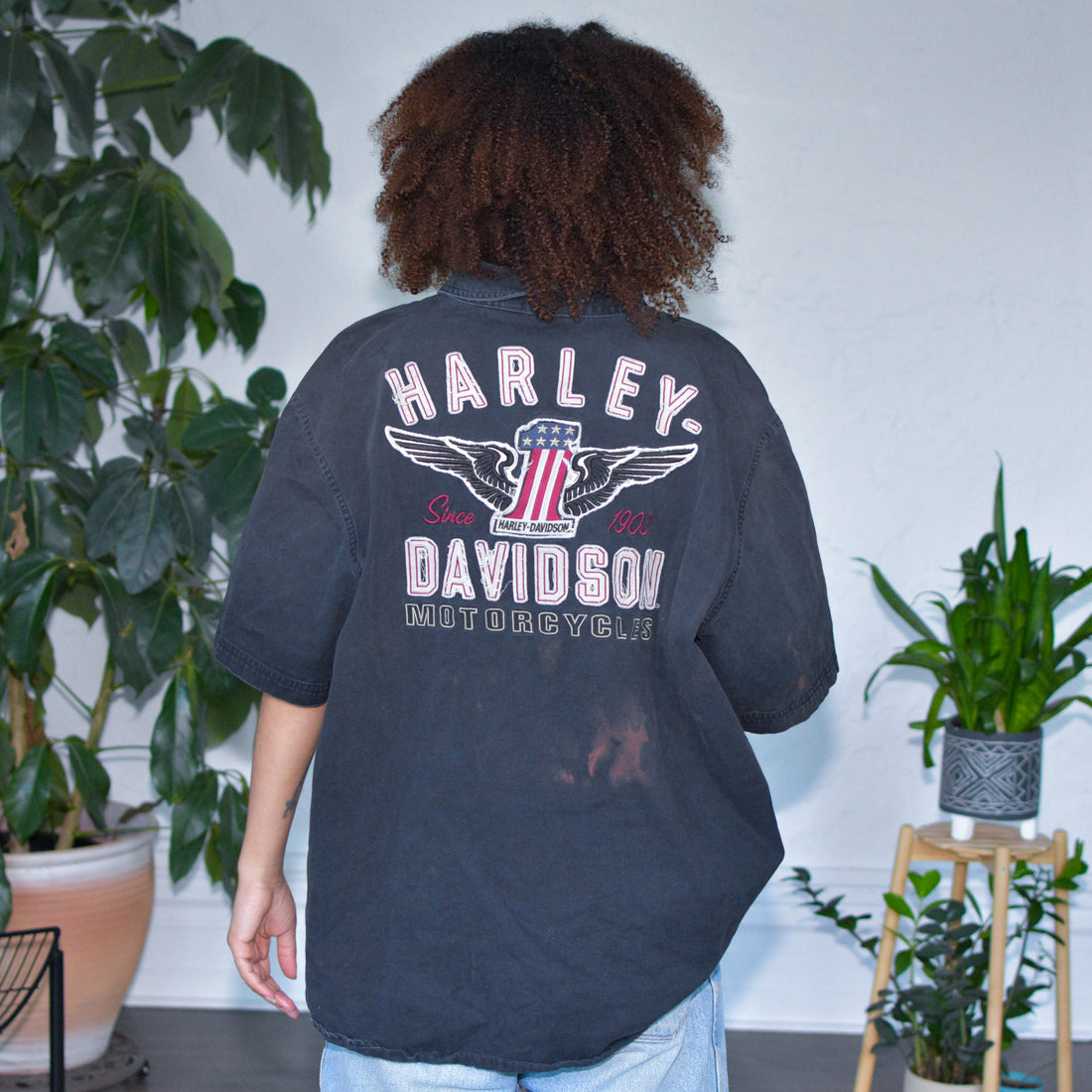 Vintage Harley Davidson Black Embroidered Button-Up