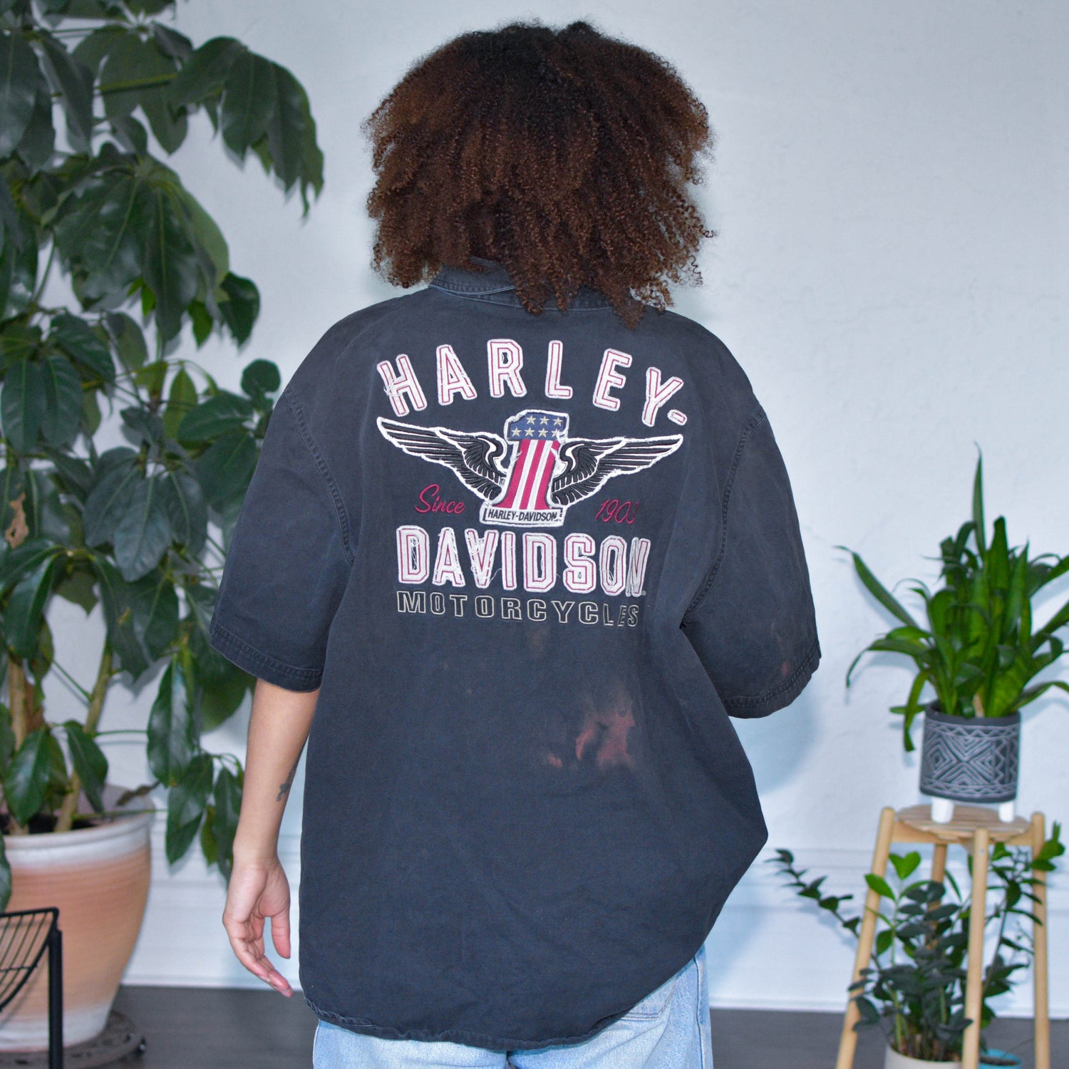 Vintage Harley Davidson Black Embroidered Button-Up