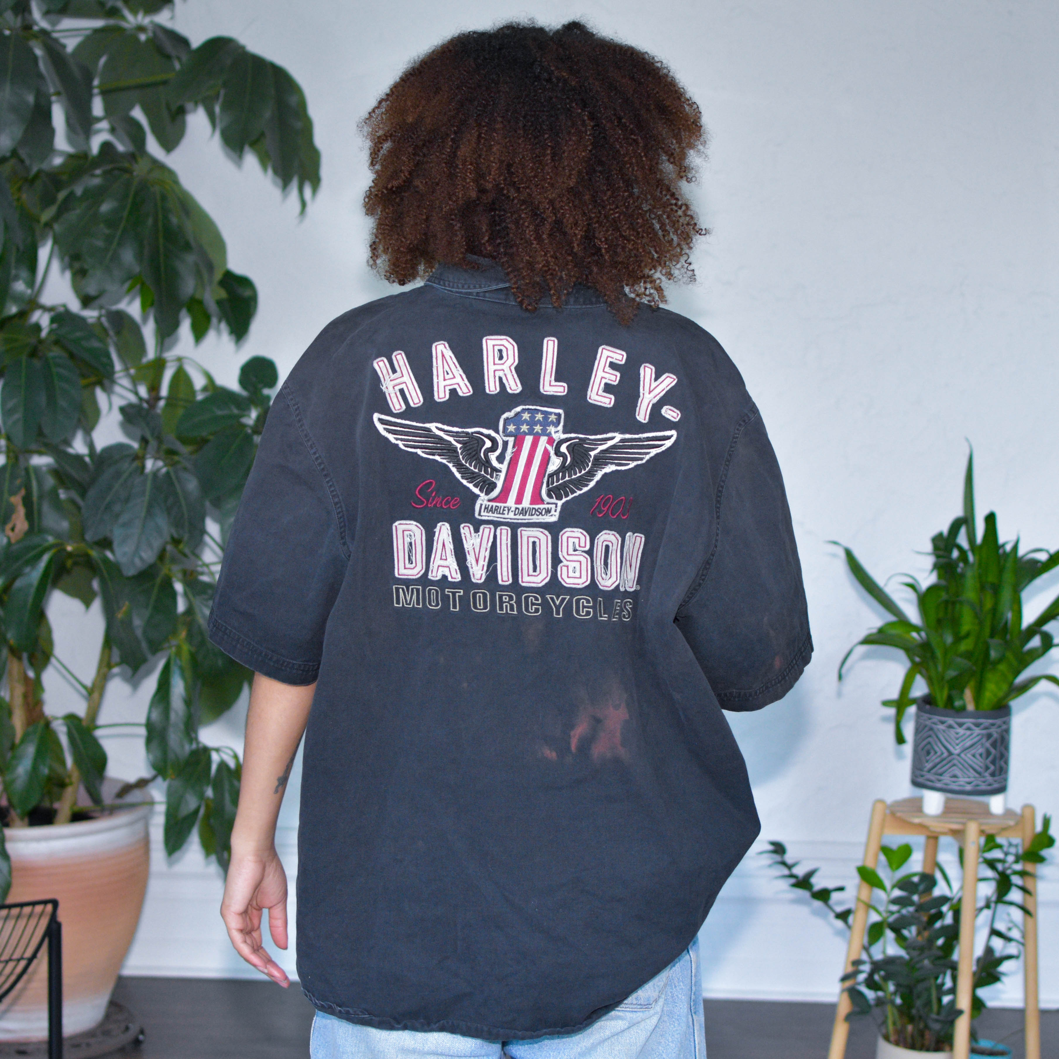 Vintage Harley Davidson Black Embroidered Button-Up