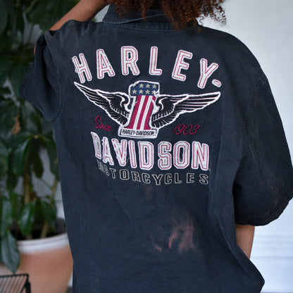 Vintage Harley Davidson Black Embroidered Button-Up