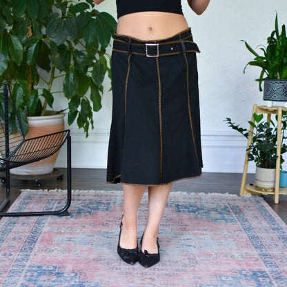 Vintage Y2K Contrast Stitch Black Midi Skirt