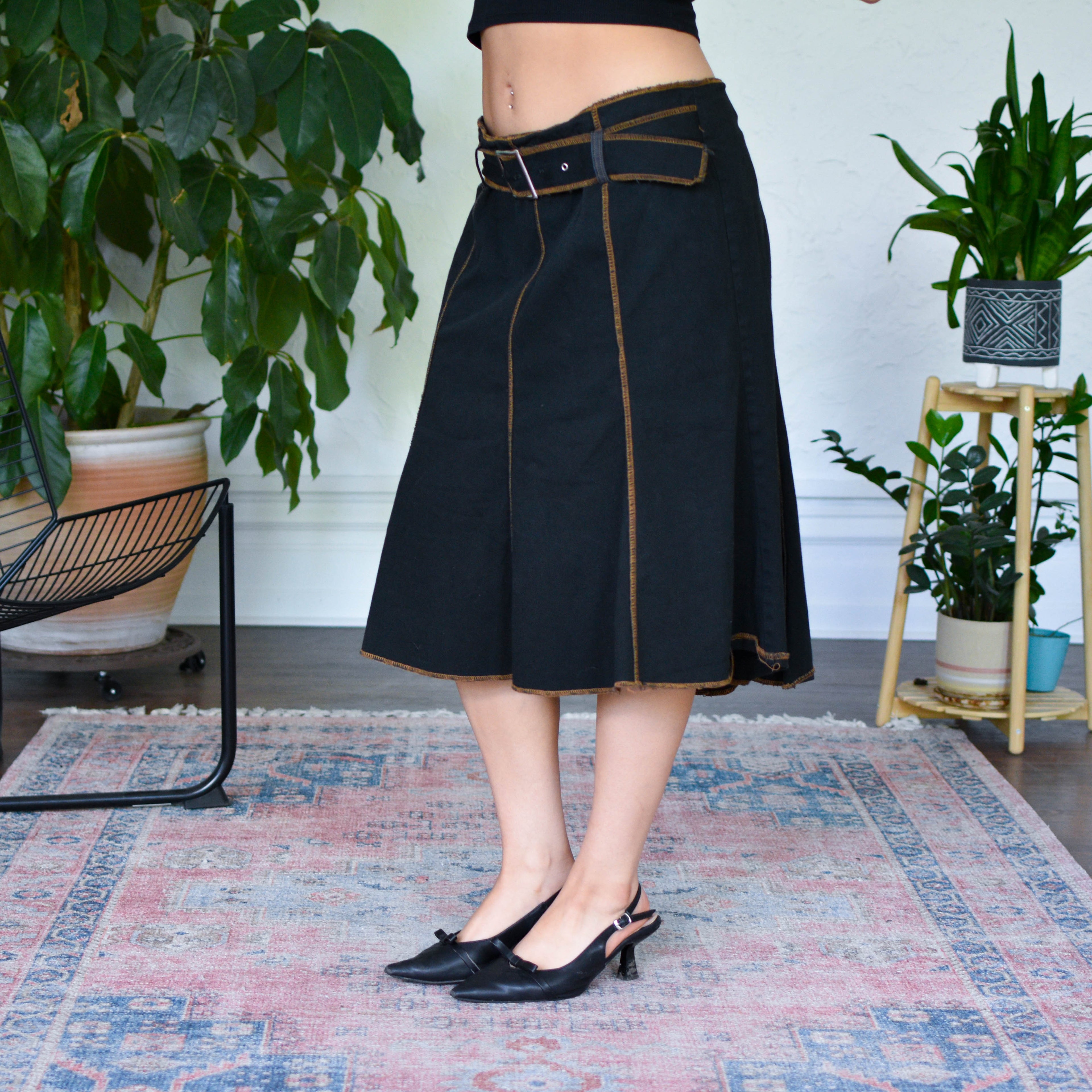 Vintage Y2K Contrast Stitch Black Midi Skirt