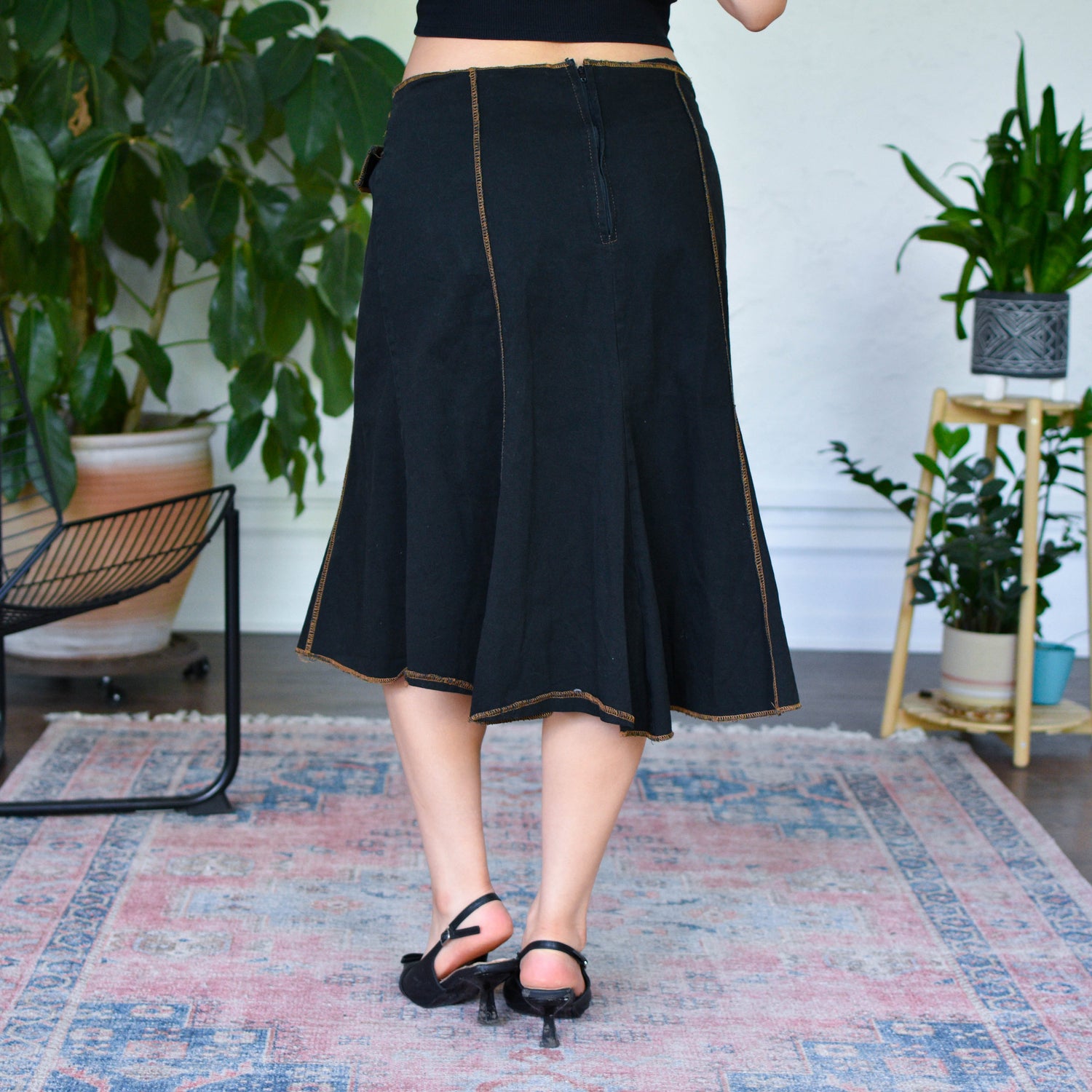 Vintage Y2K Contrast Stitch Black Midi Skirt