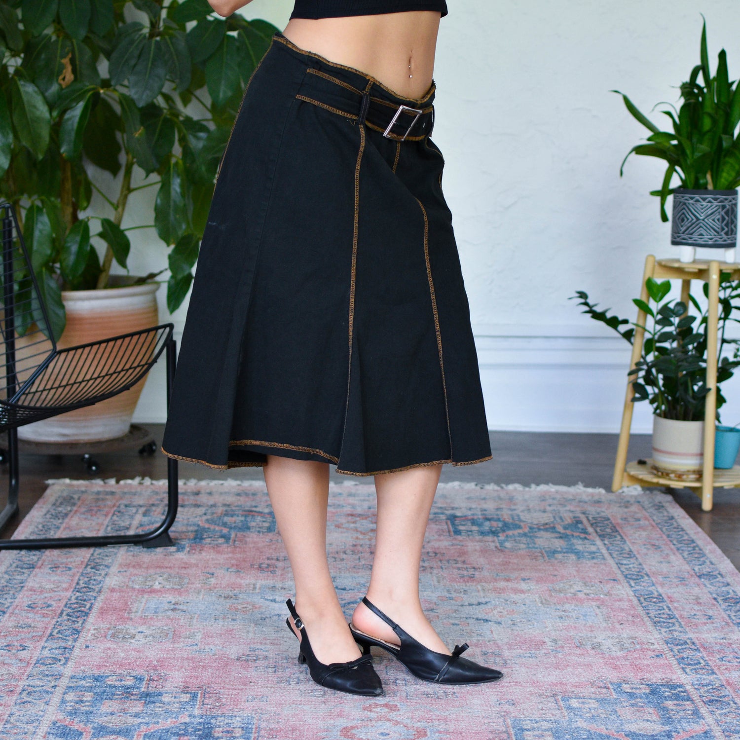 Vintage Y2K Contrast Stitch Black Midi Skirt