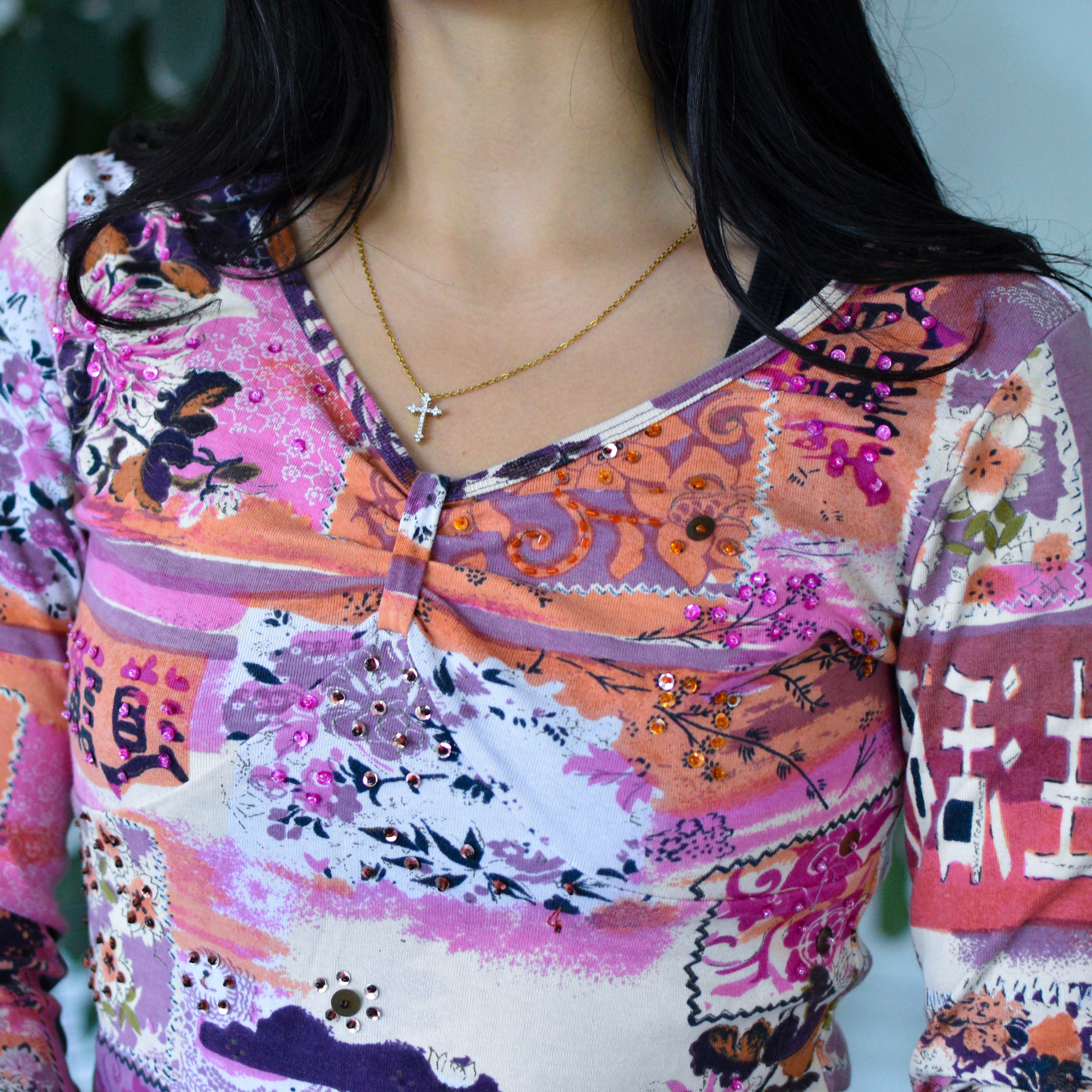 Vintage Y2K Forbidden Jeweled Abstract Print Top