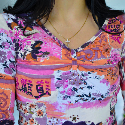 Vintage Y2K Forbidden Jeweled Abstract Print Top