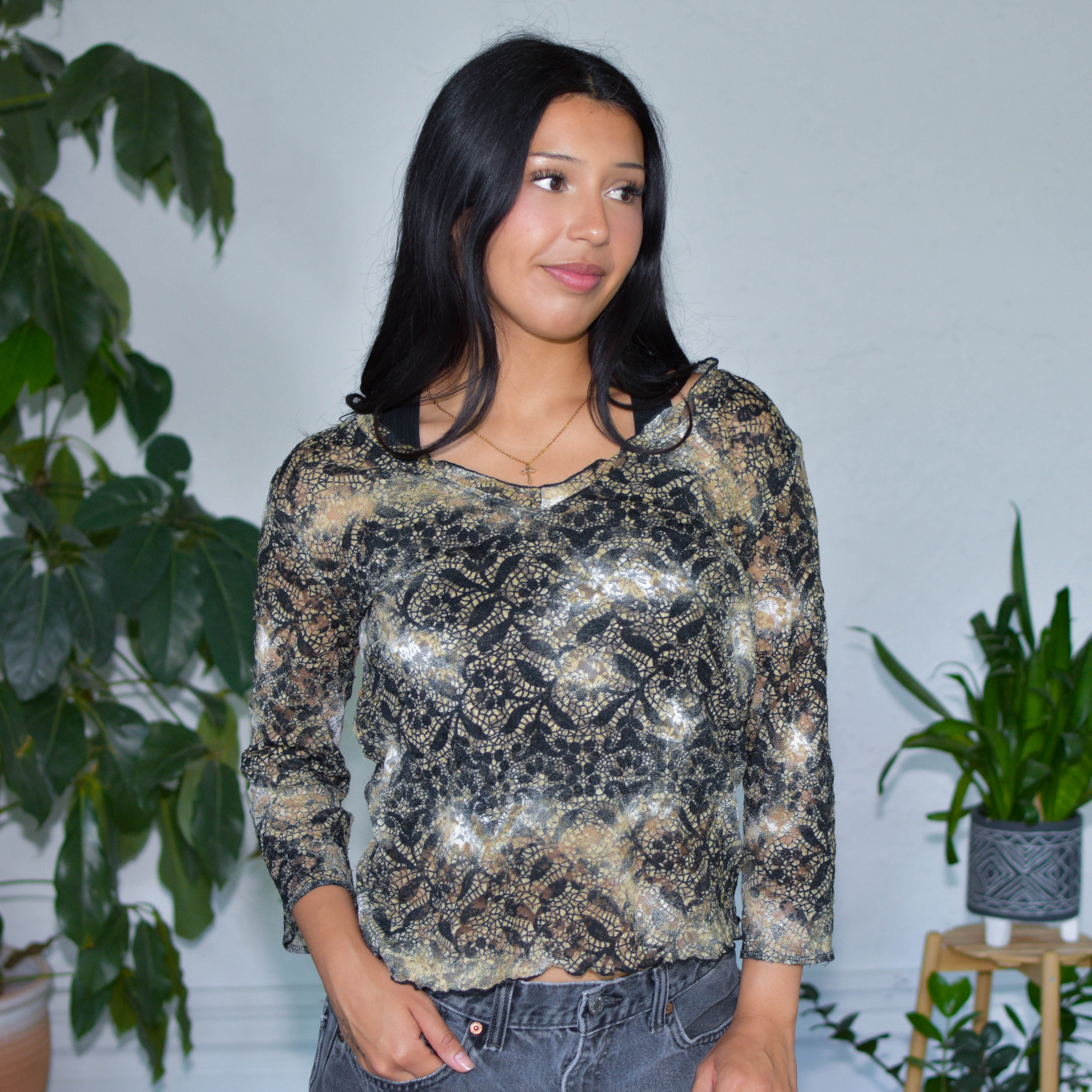 Vintage Y2K Fashion Bug Multiprint Lace Blouse