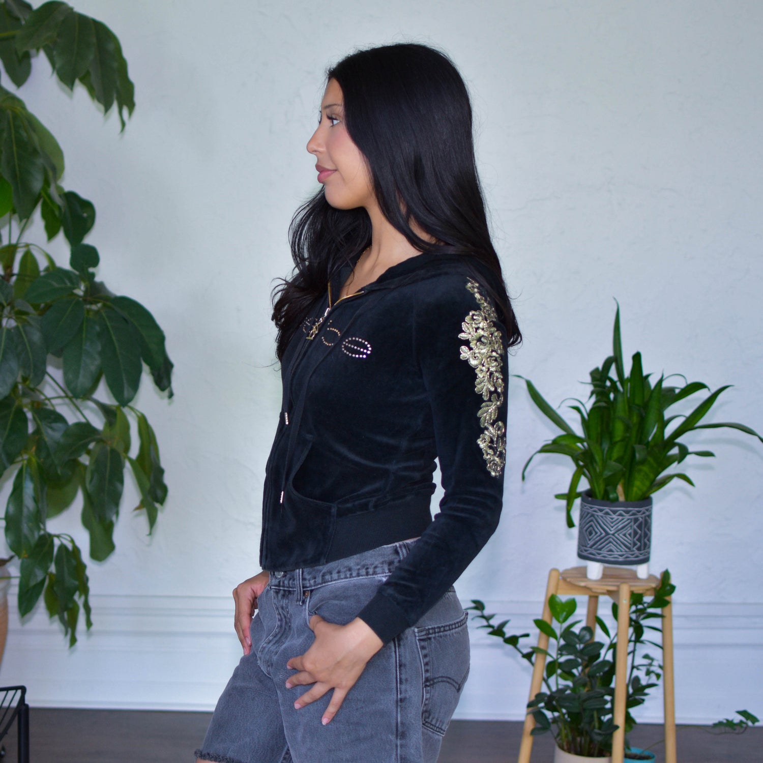 Vintage Y2K Bebe Stitched &amp; Bedazzled Velour Hoodie