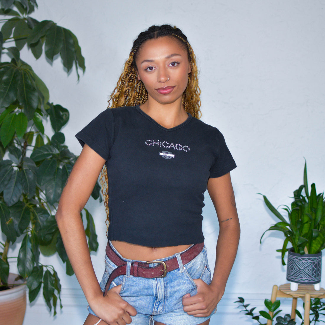 Y2K Femme Harley Davidson Chicago Bedazzled Graphic Crop Top