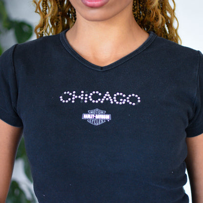 Y2K Femme Harley Davidson Chicago Bedazzled Graphic Crop Top