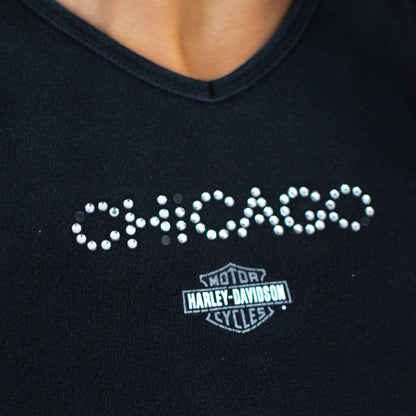 Y2K Femme Harley Davidson Chicago Bedazzled Graphic Crop Top