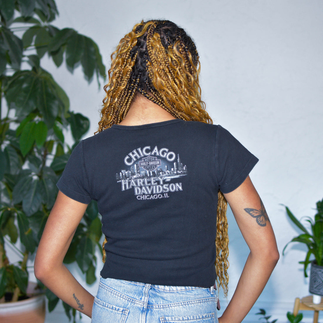 Y2K Femme Harley Davidson Chicago Bedazzled Graphic Crop Top