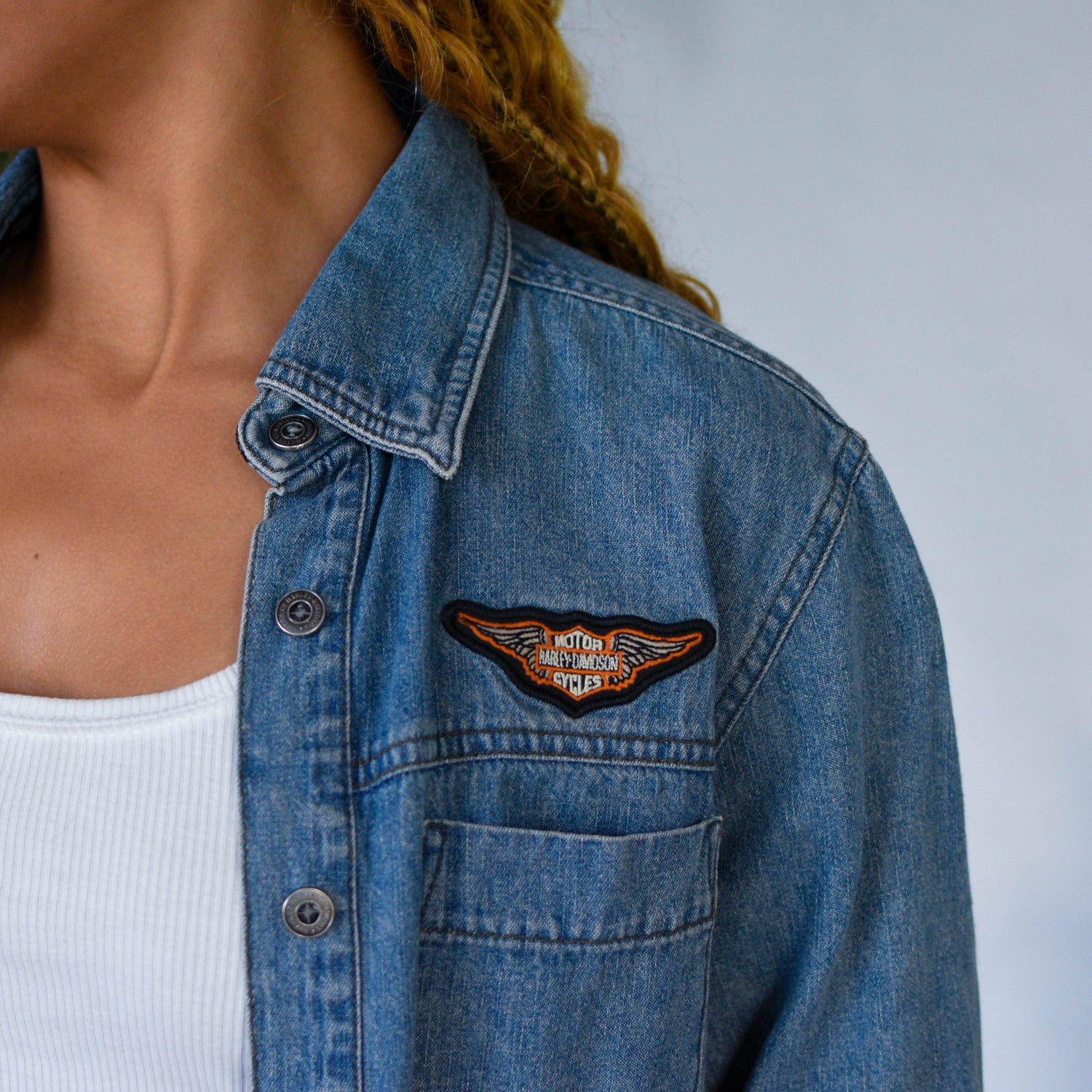 Vintage  2003 Femme Harley Davidson Embroidered Denim Long Sleeve