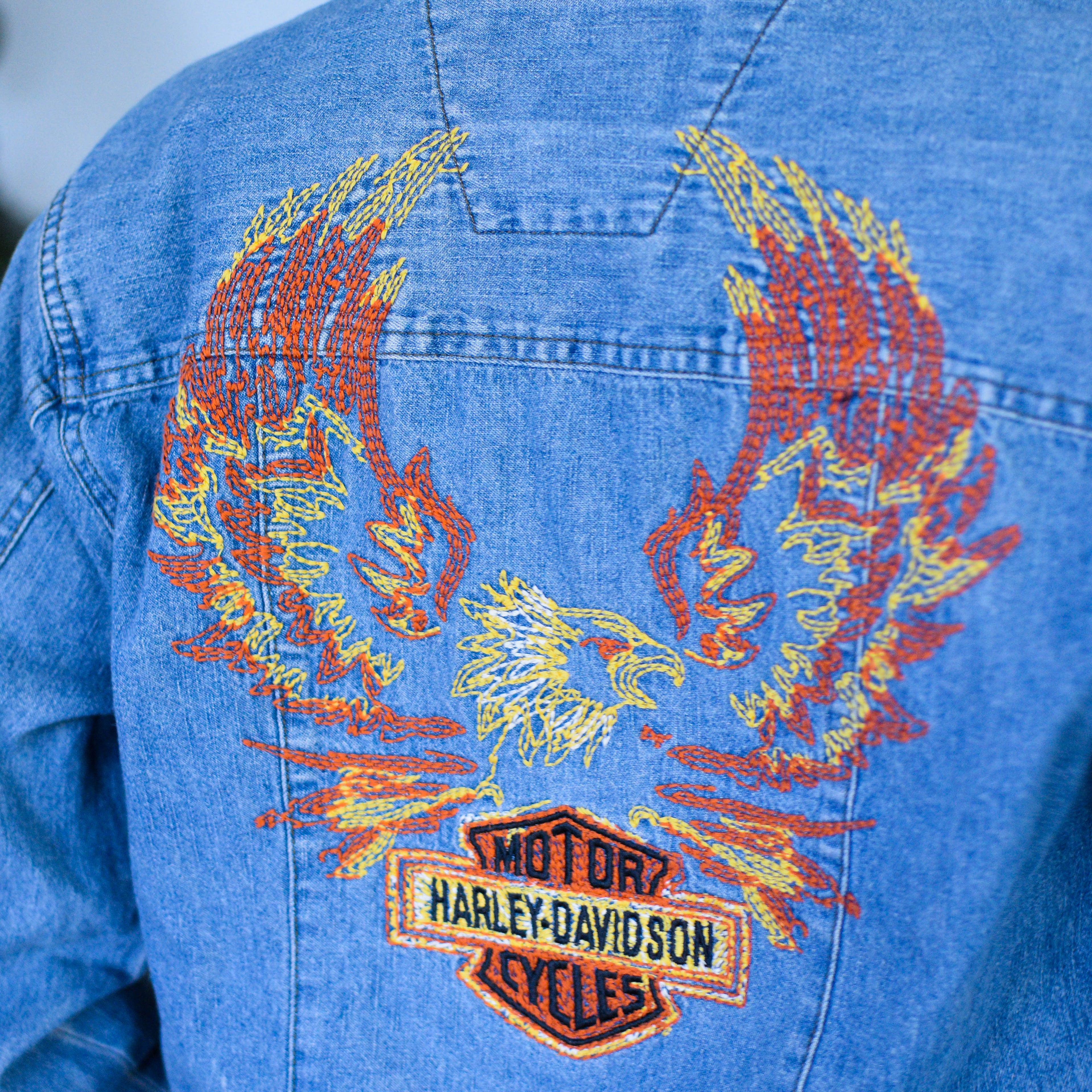 Vintage  2003 Femme Harley Davidson Embroidered Denim Long Sleeve